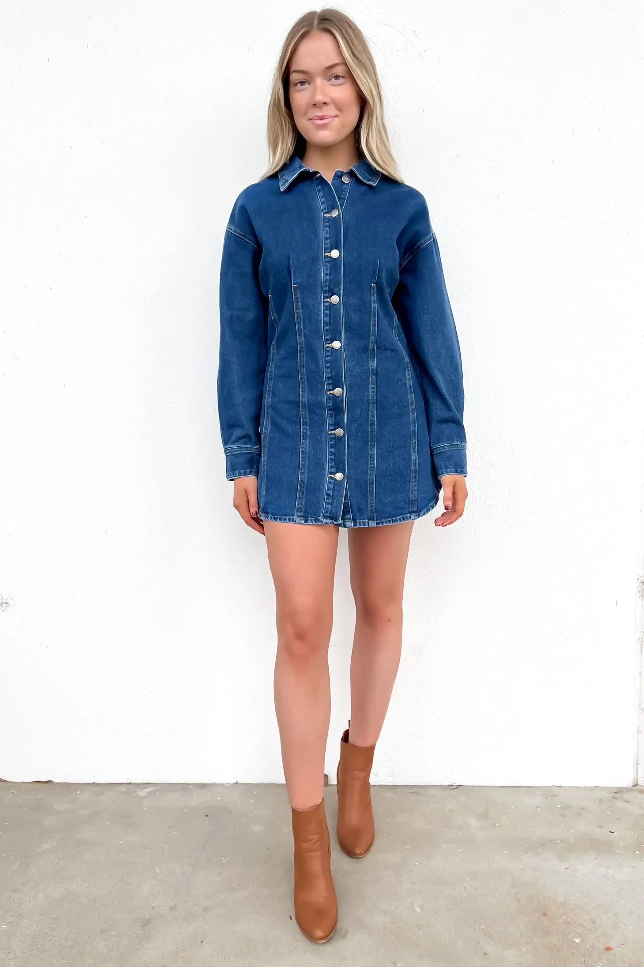 Jacky Denim Mini Dress Indigo High low hem Flowing Fit