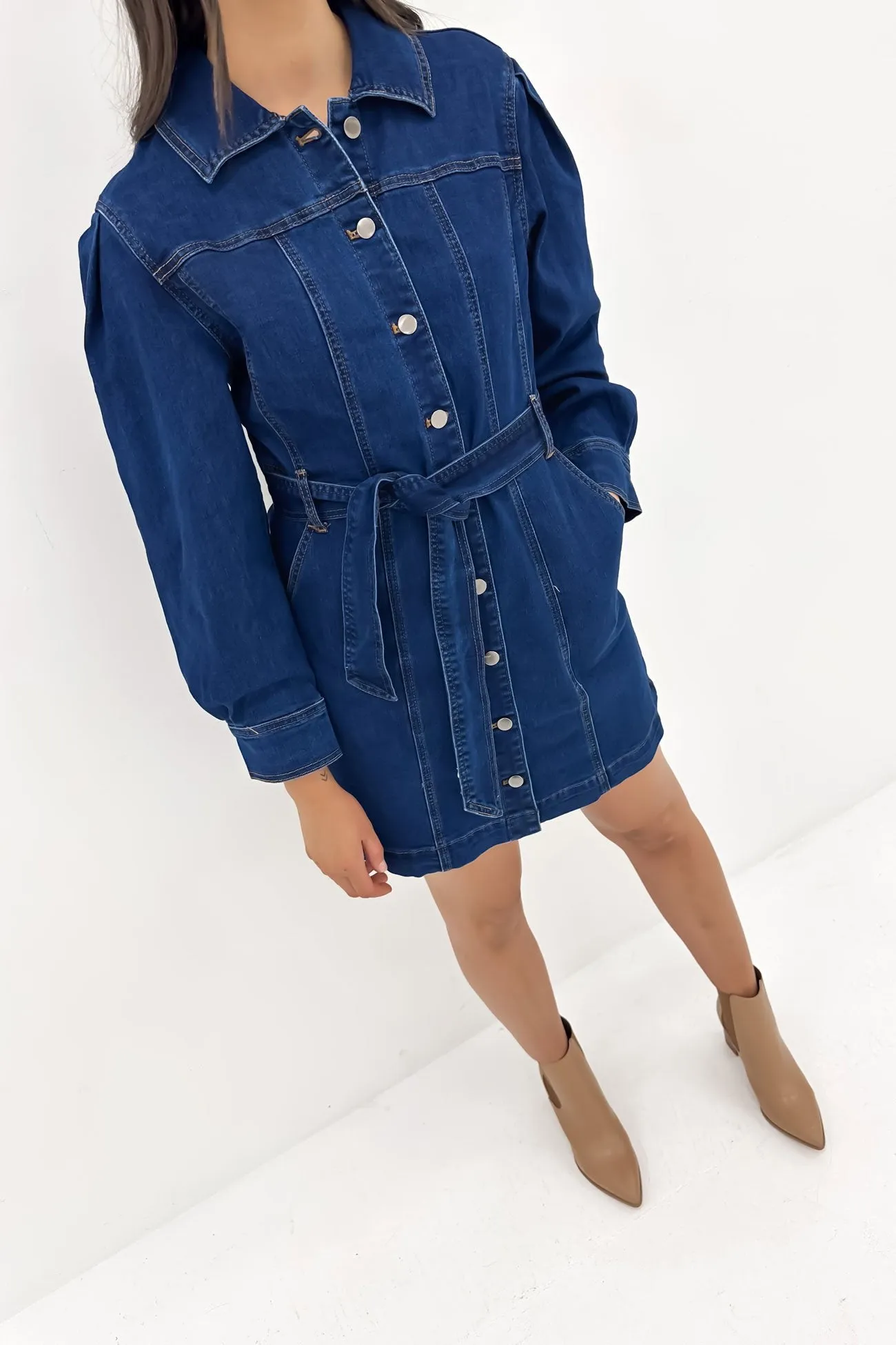 Jaydence Denim Mini Dress Indigo Vibrant pattern