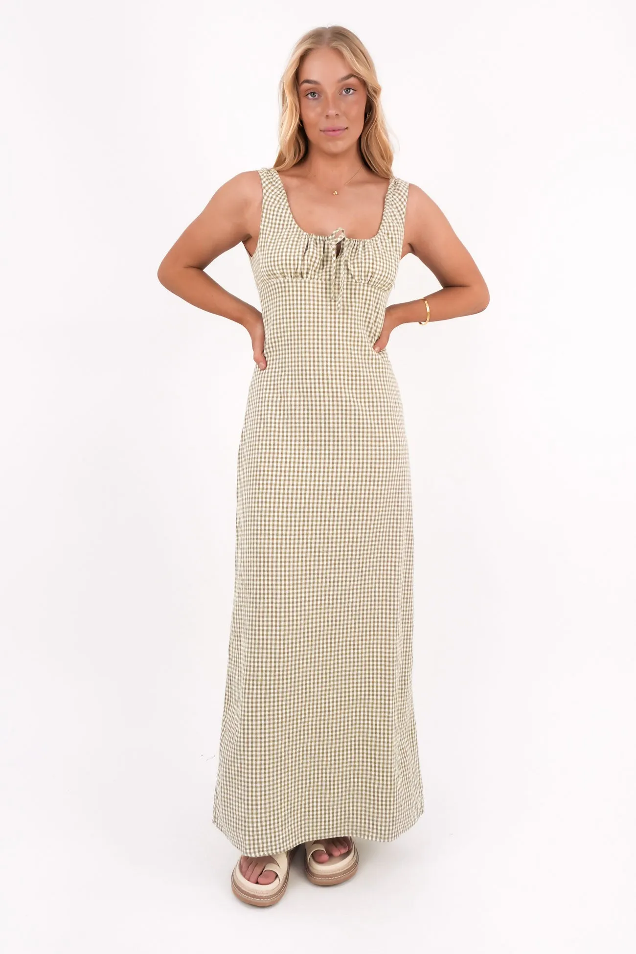 Belted-Style Lola Check Maxi Dress Olive