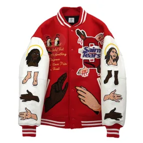 Saint Mxxxxxx X Denim Tears Stadium Jacket Red Button Closure Non Stretch Fabric