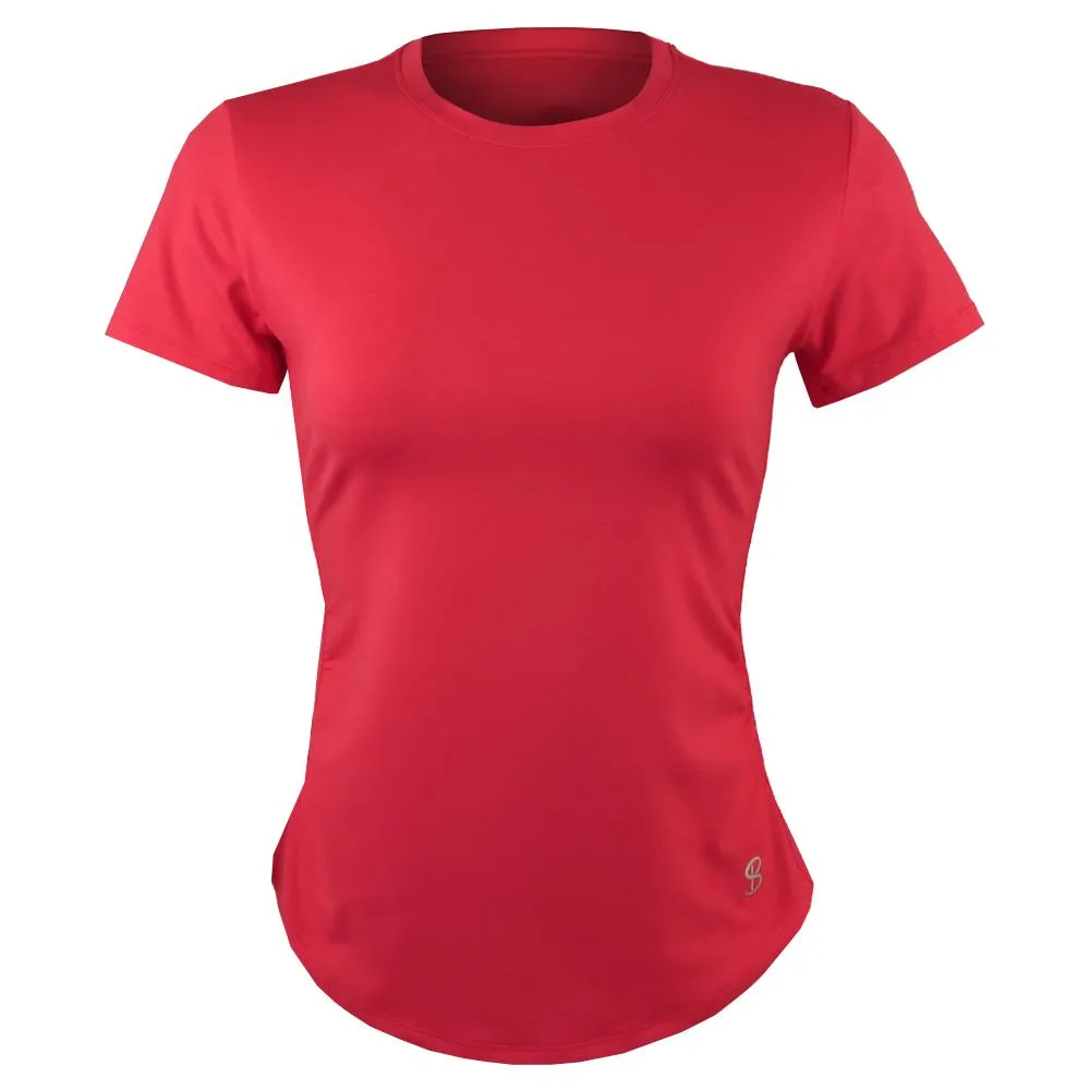 Metal Accents Performance Fabric Embroidered Sofibella Women's Wild Flowers Short Sleeve - Berry Red