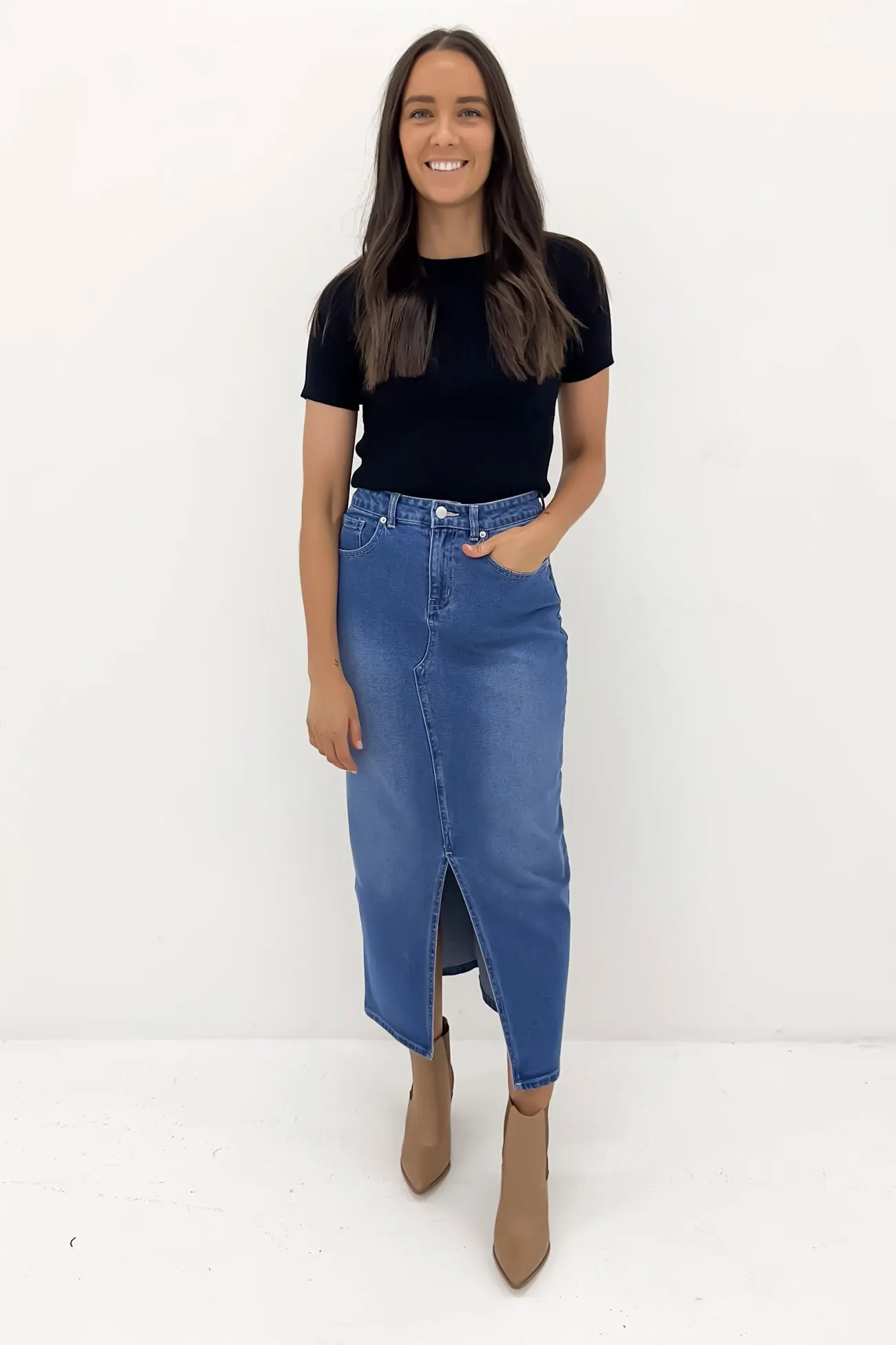 Ventilated Panels Emerald Denim Maxi Skirt 80 Wash