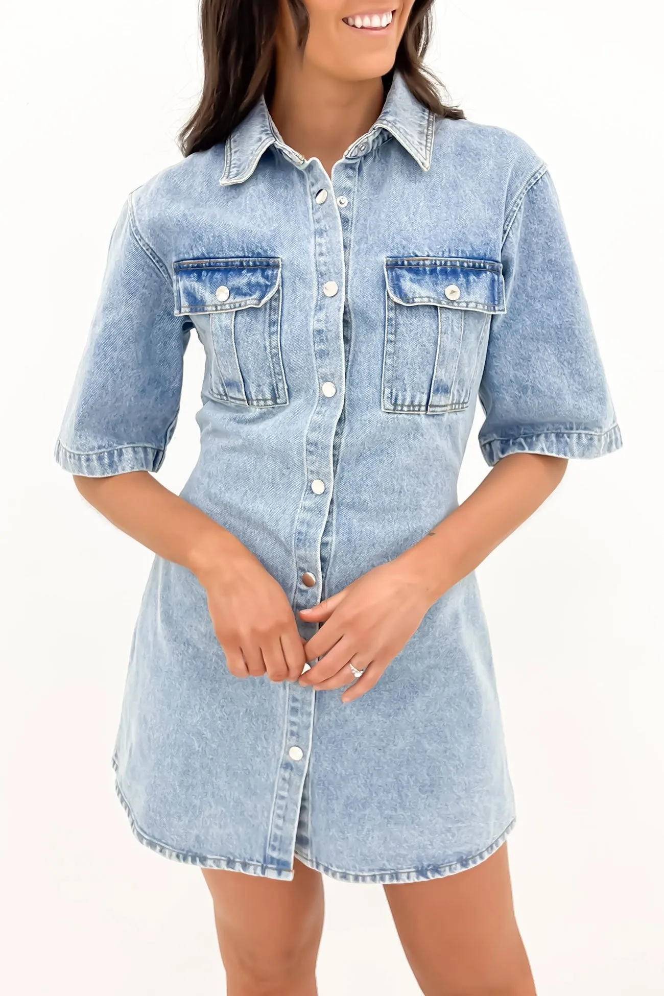 Emerson Denim Mini Dress Light Blue CrinkleResistantWeave