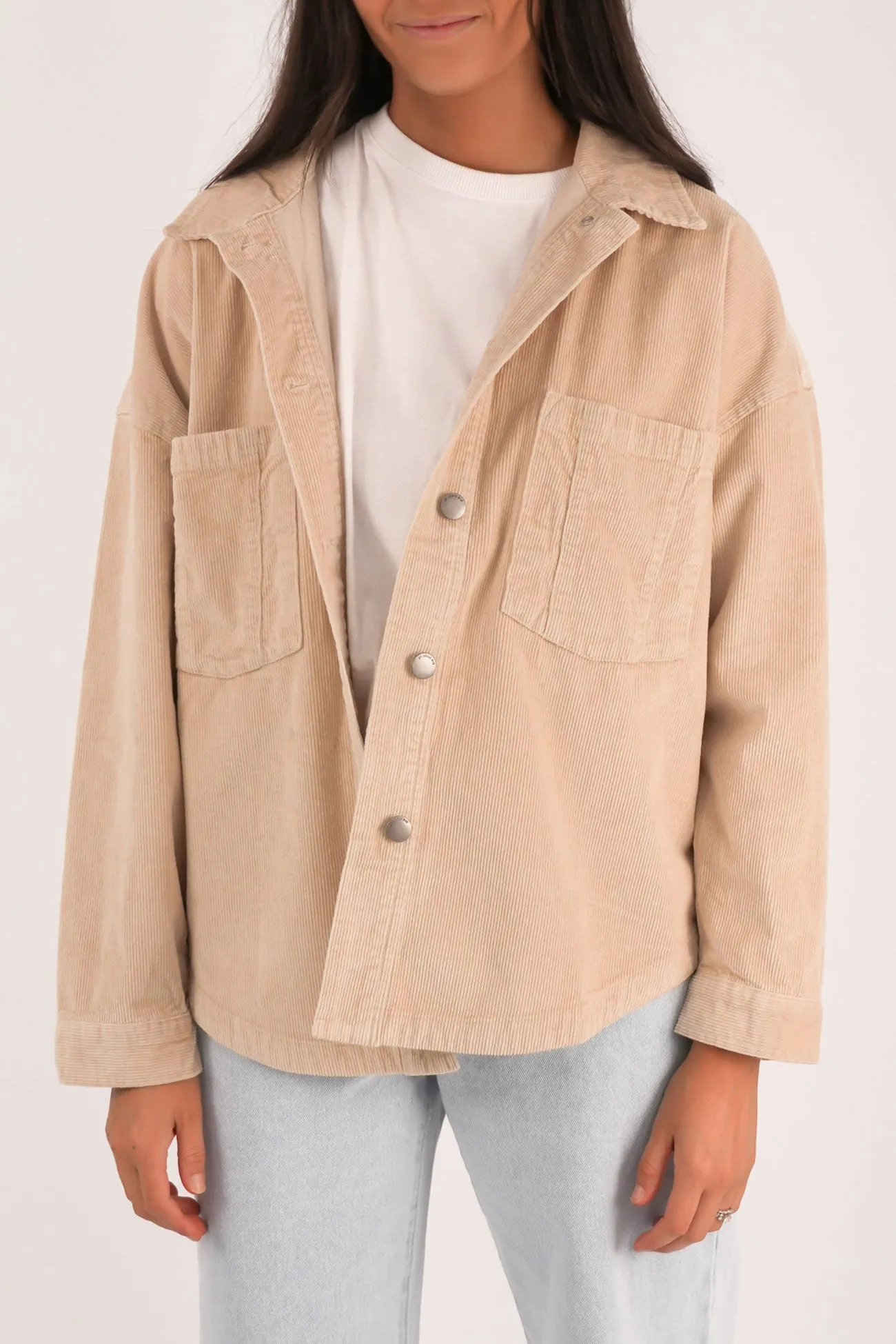 Thermo Regulating Fabric Casual Comfy Layer Emma Cord Shacket Vanilla