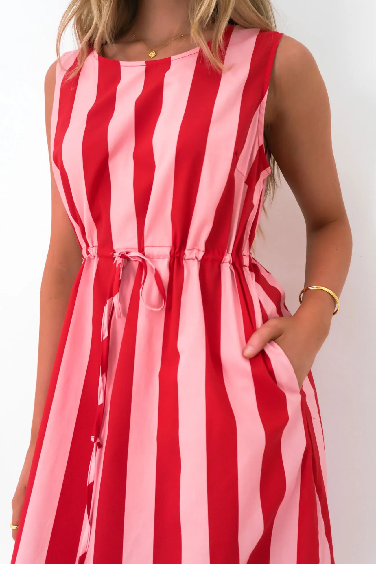 Jerica Midi Dress Pink Stripe Mom Chic Smart and Chic