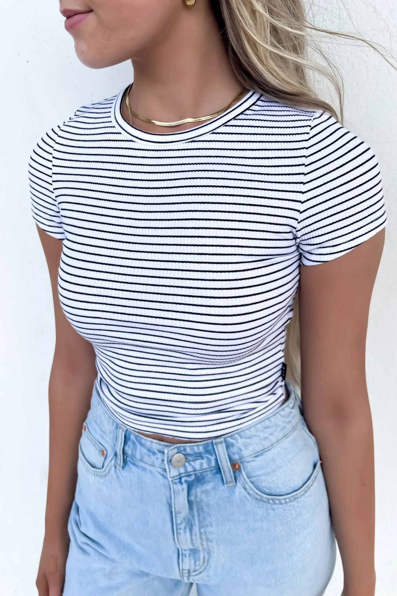 Eve Rib Stripe Tee White Chilly Weather Style Double Stitched Seams
