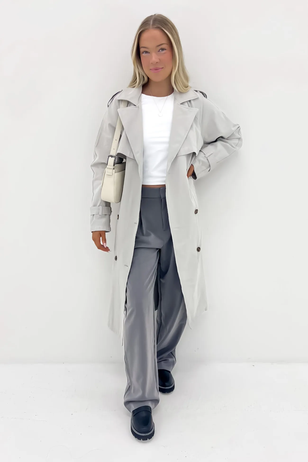Eve Trench Coat Grey Knee Length Tear Resistant Knit