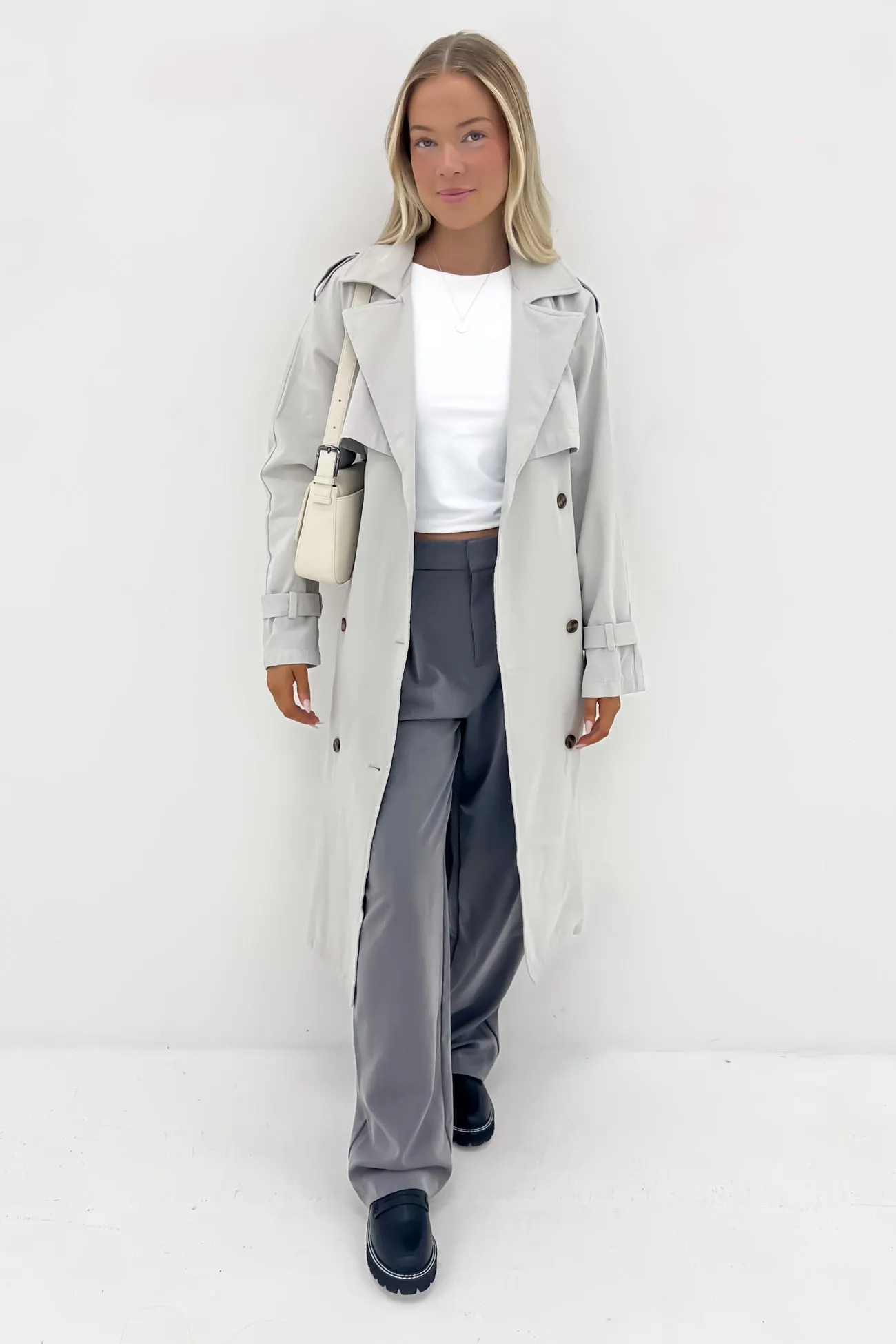 Casual Street Style Casual Fit Silhouette Eve Trench Coat Grey