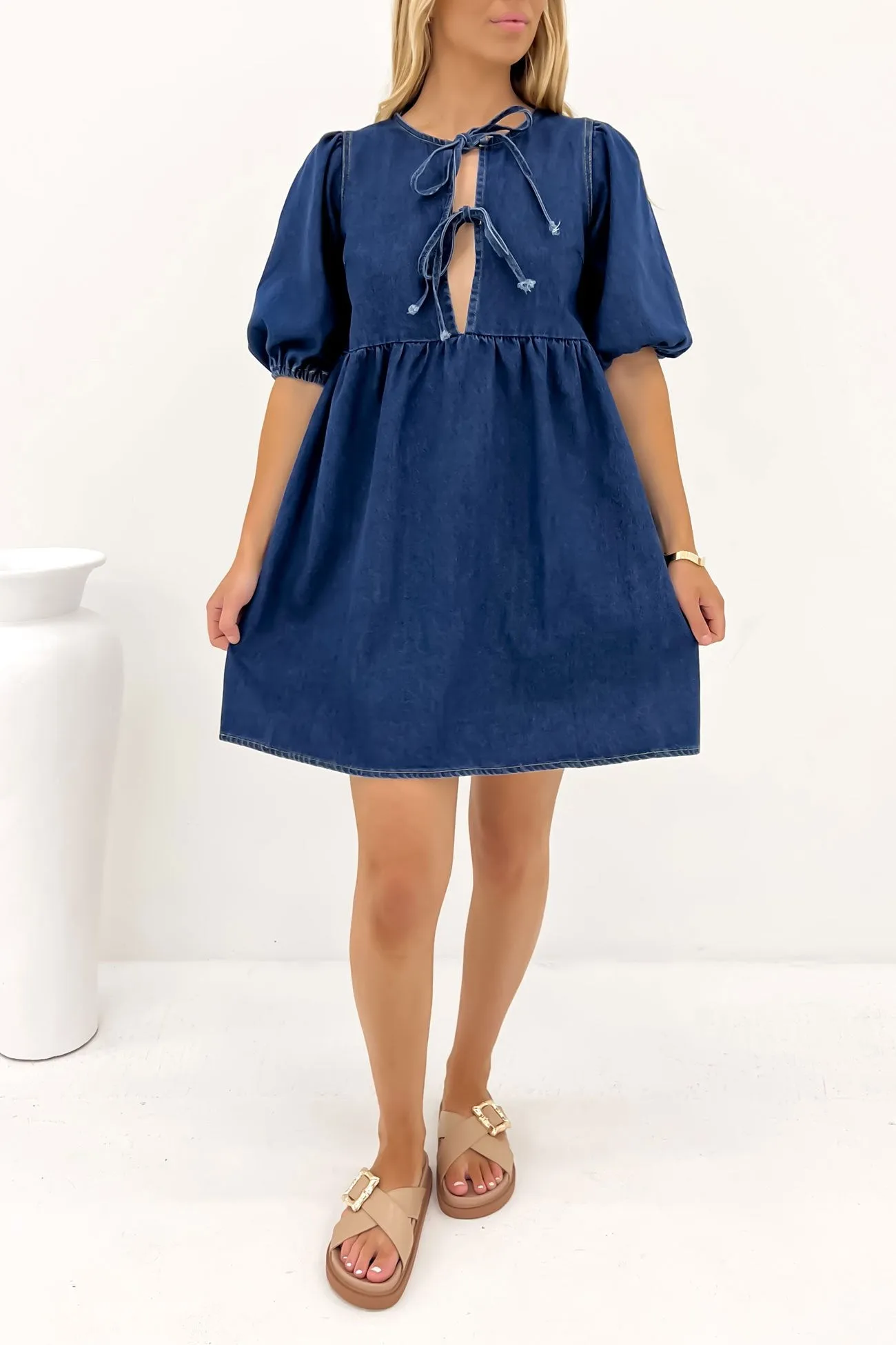 Pure Stitch Otto Denim Mini Dress Dark Blue