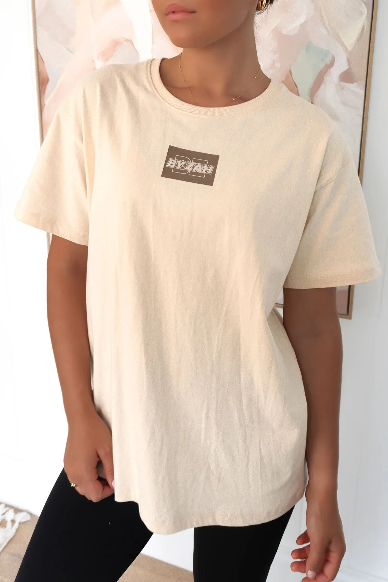 Asher Logo Tee Beige Flexible Ribbed Neckline
