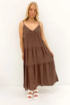 Texture Rich Classic Tiered Midi Dress Chocolate