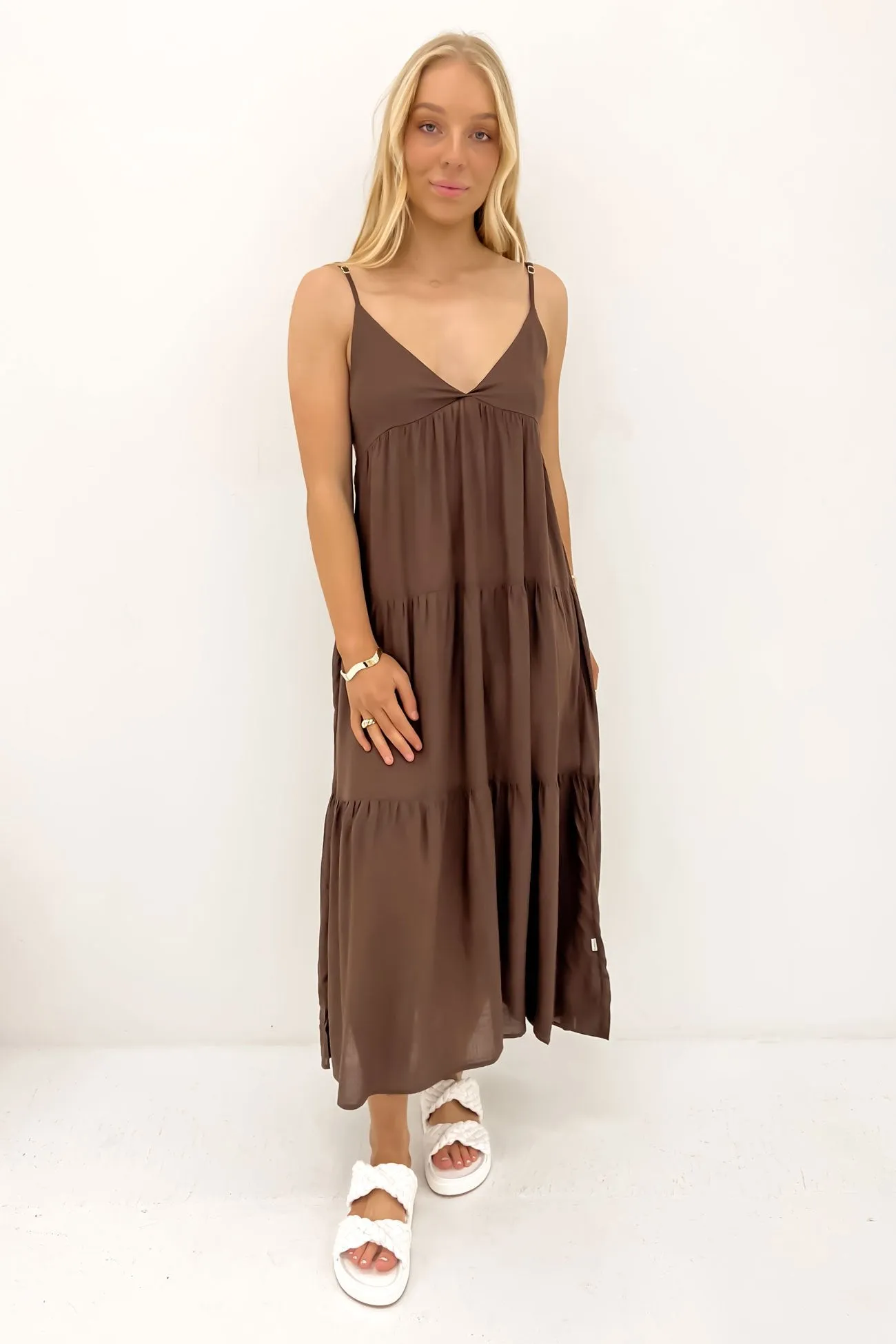Classic Tiered Midi Dress Chocolate Workwear