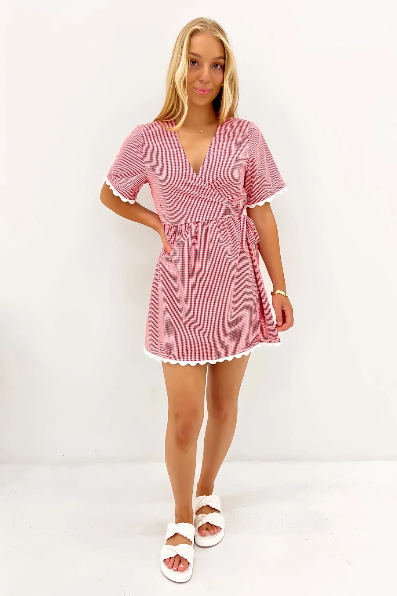Ava Mini Dress Red Gingham Shirred-Detail Everyday Outfit