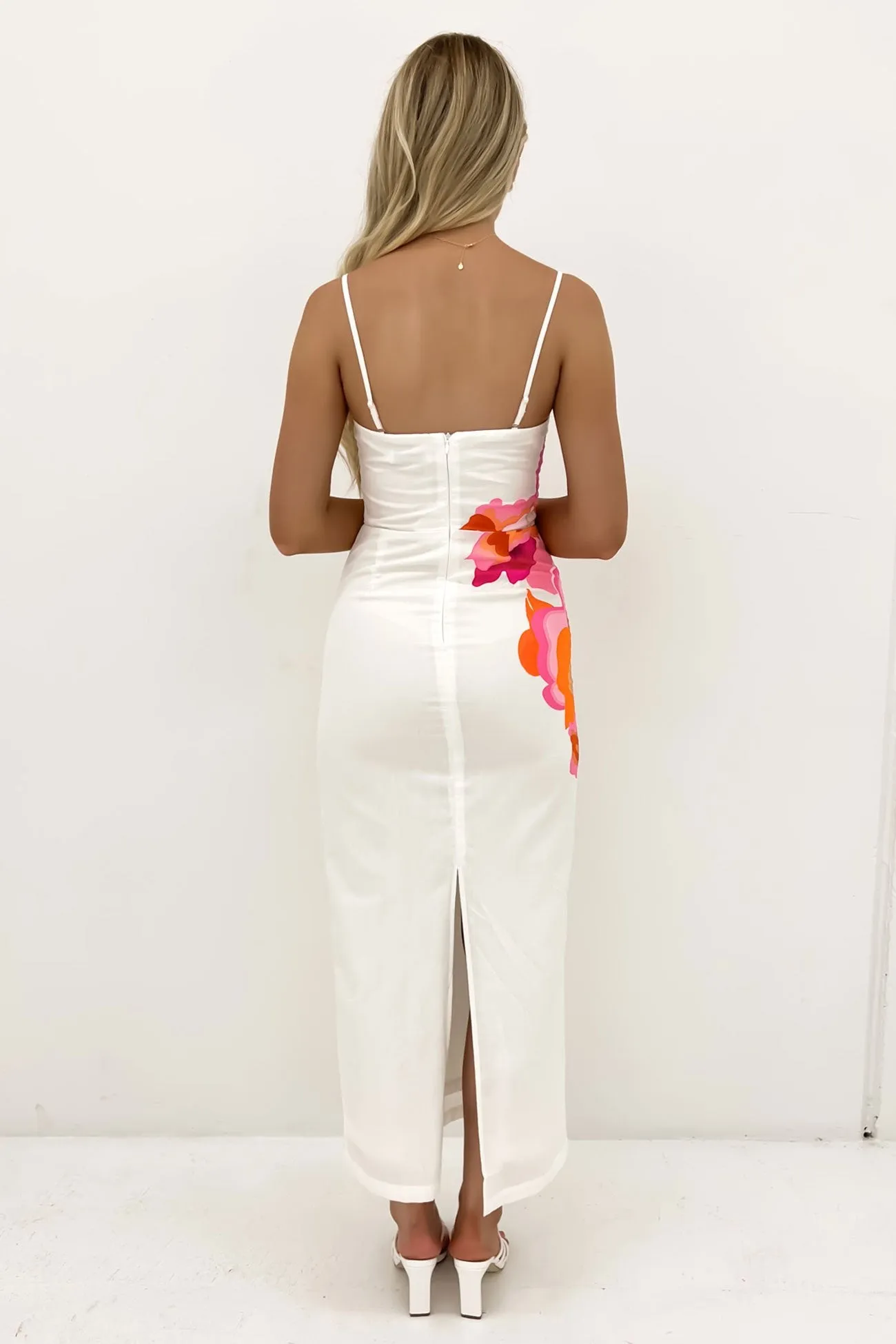 Gentle Texture Ruffle Detail Rowan Midi Dress White Oriental Floral