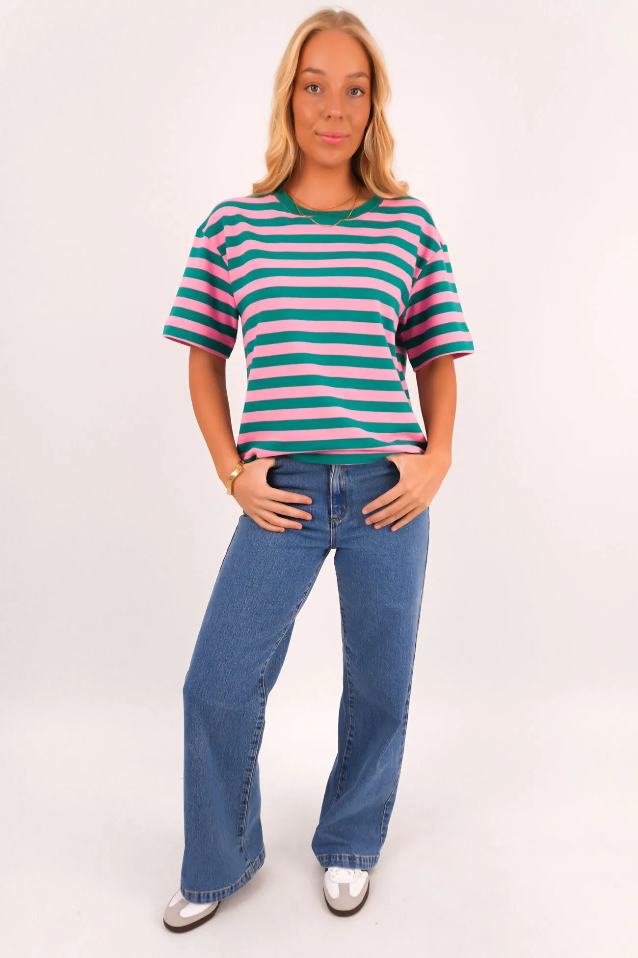 Frankie Tee Pink Stripe Trendy Wear Fun and Relaxed