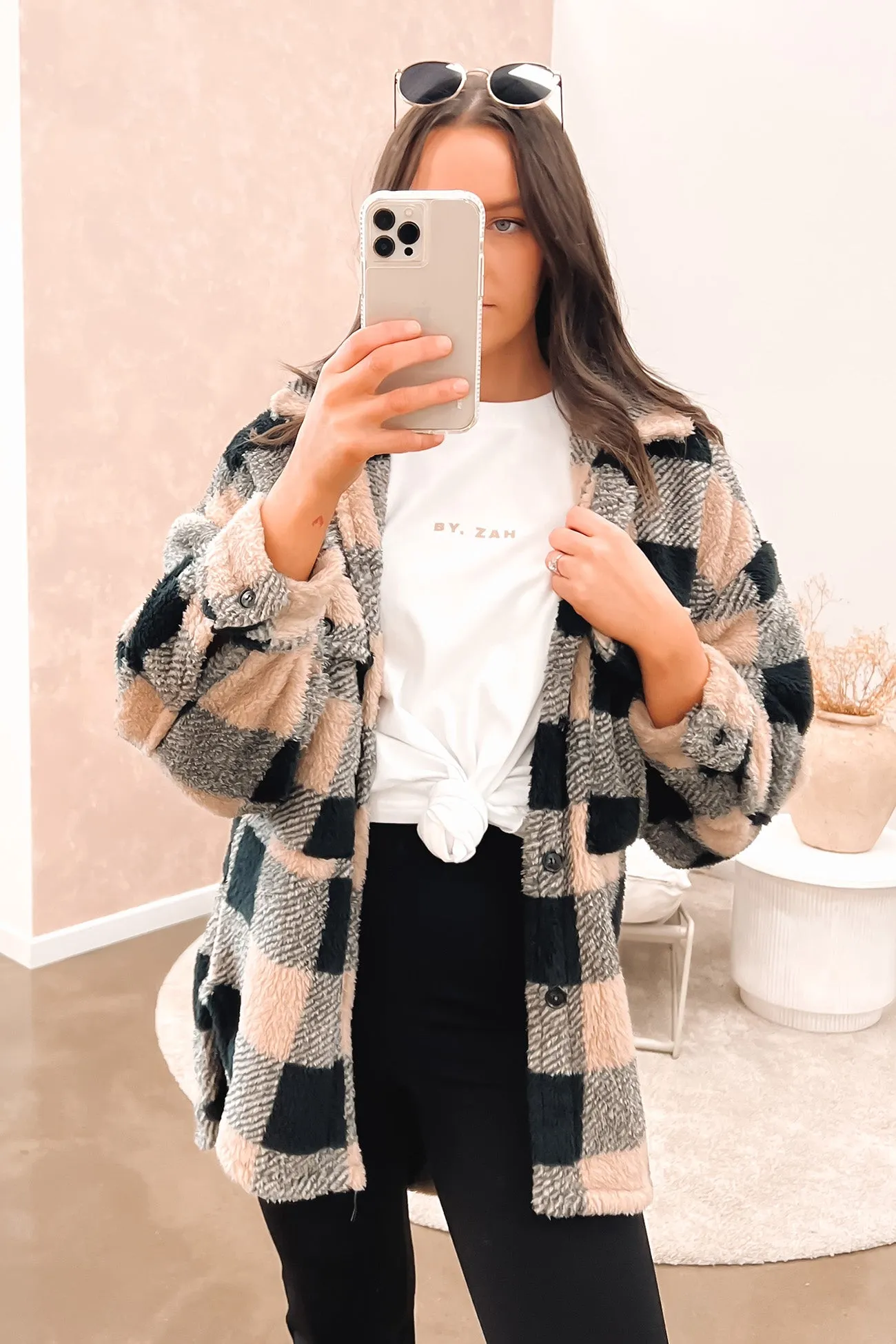 Fraser Cosy Shacket Mocha Check Four Way Stretch Material Cold Outfit