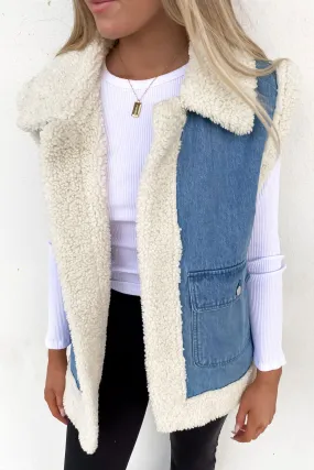 Comfort Stretch Fabric AdjustableCuffs Izzy Denim Sherpa Vest Blue