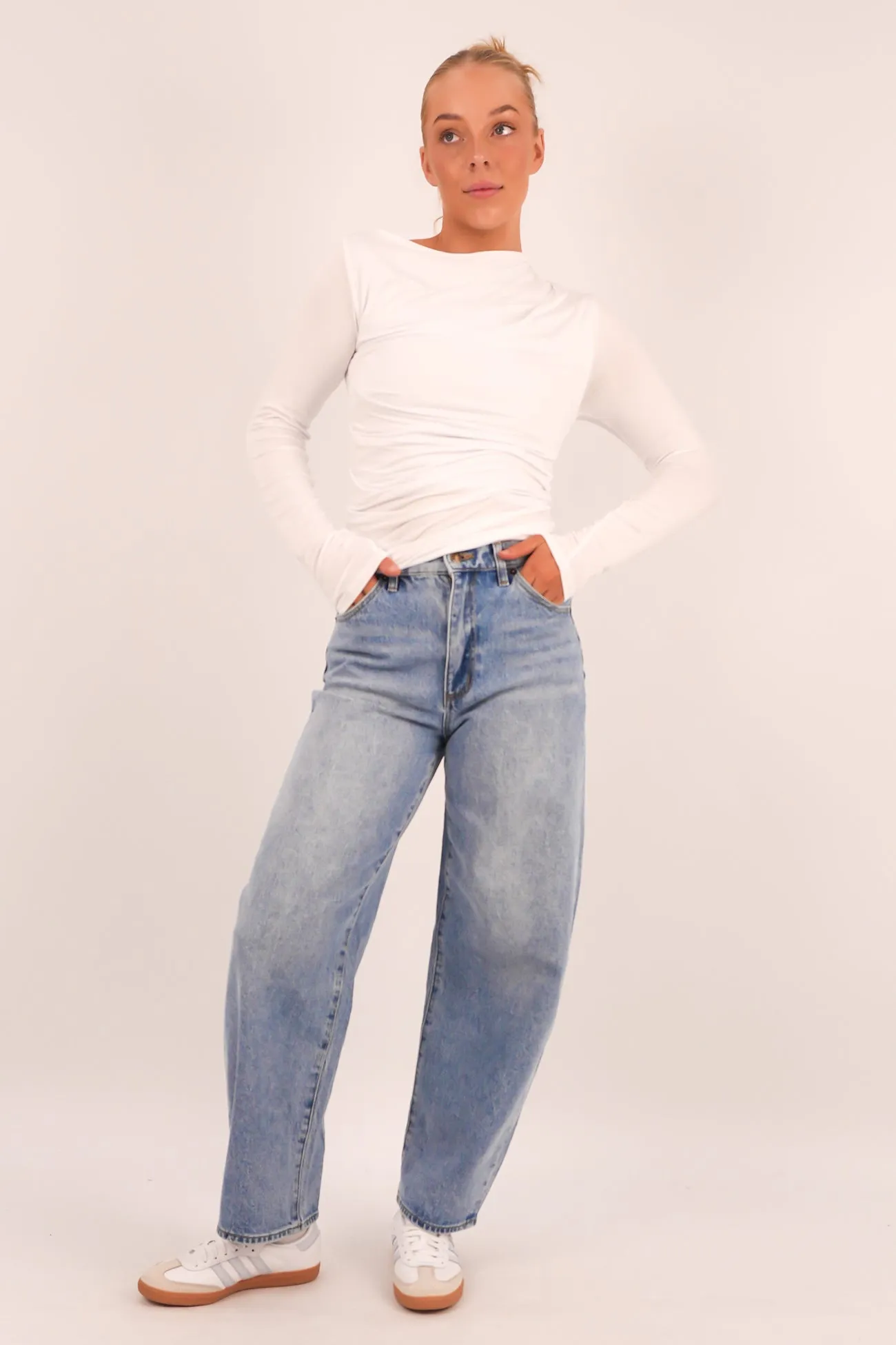 Gigi Barrel Jean Brad Blue Rugged Construction Neutral Cut