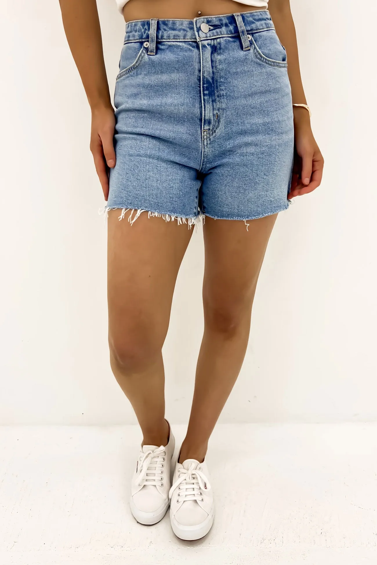Girlfriend Short Blue Milieu Walk Easy Vented Hem Details