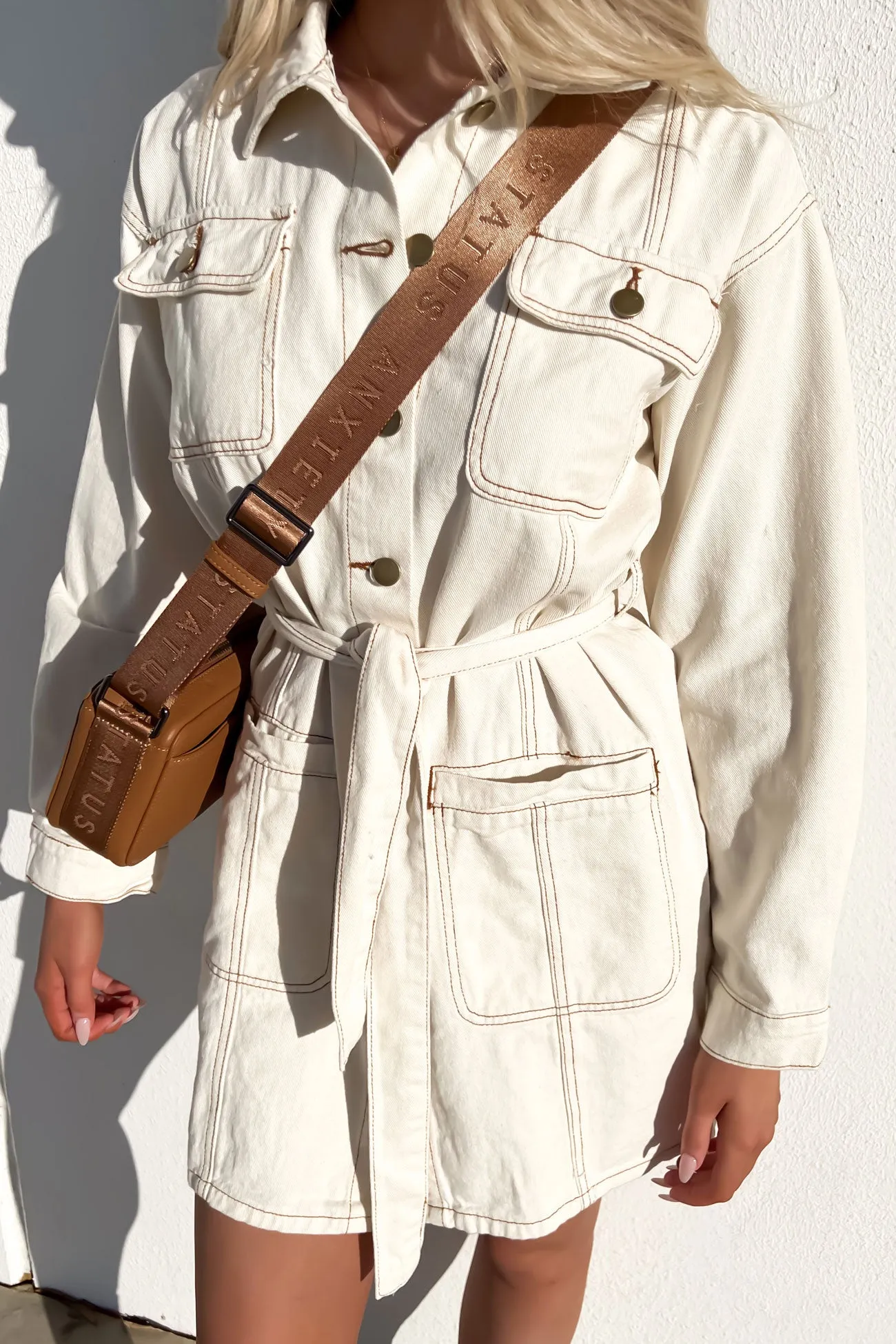 Daneika Denim Mini Dress Sand High-Low-Hem Timeless Look