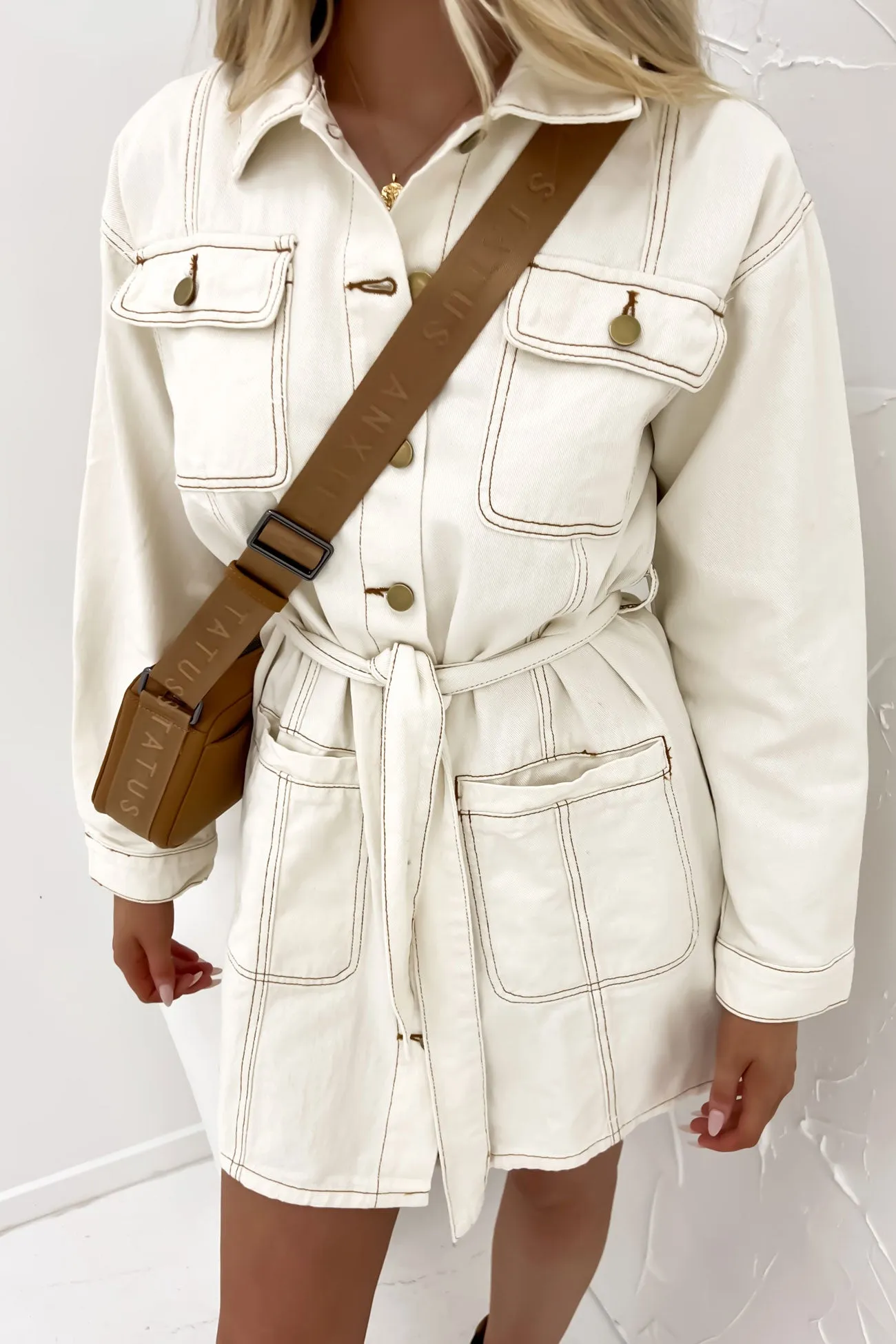 Daneika Denim Mini Dress Sand Versatile Layering