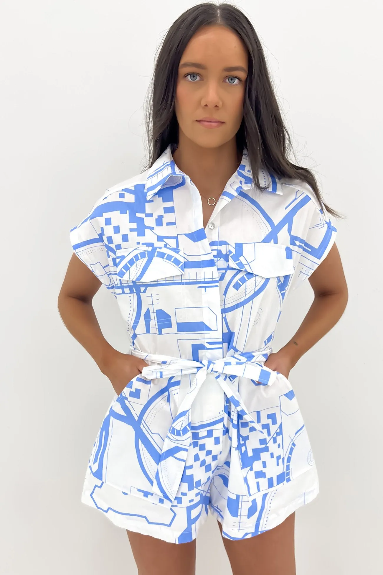 Gracey Playsuit White Blue Lightweight Street Smart Indoor