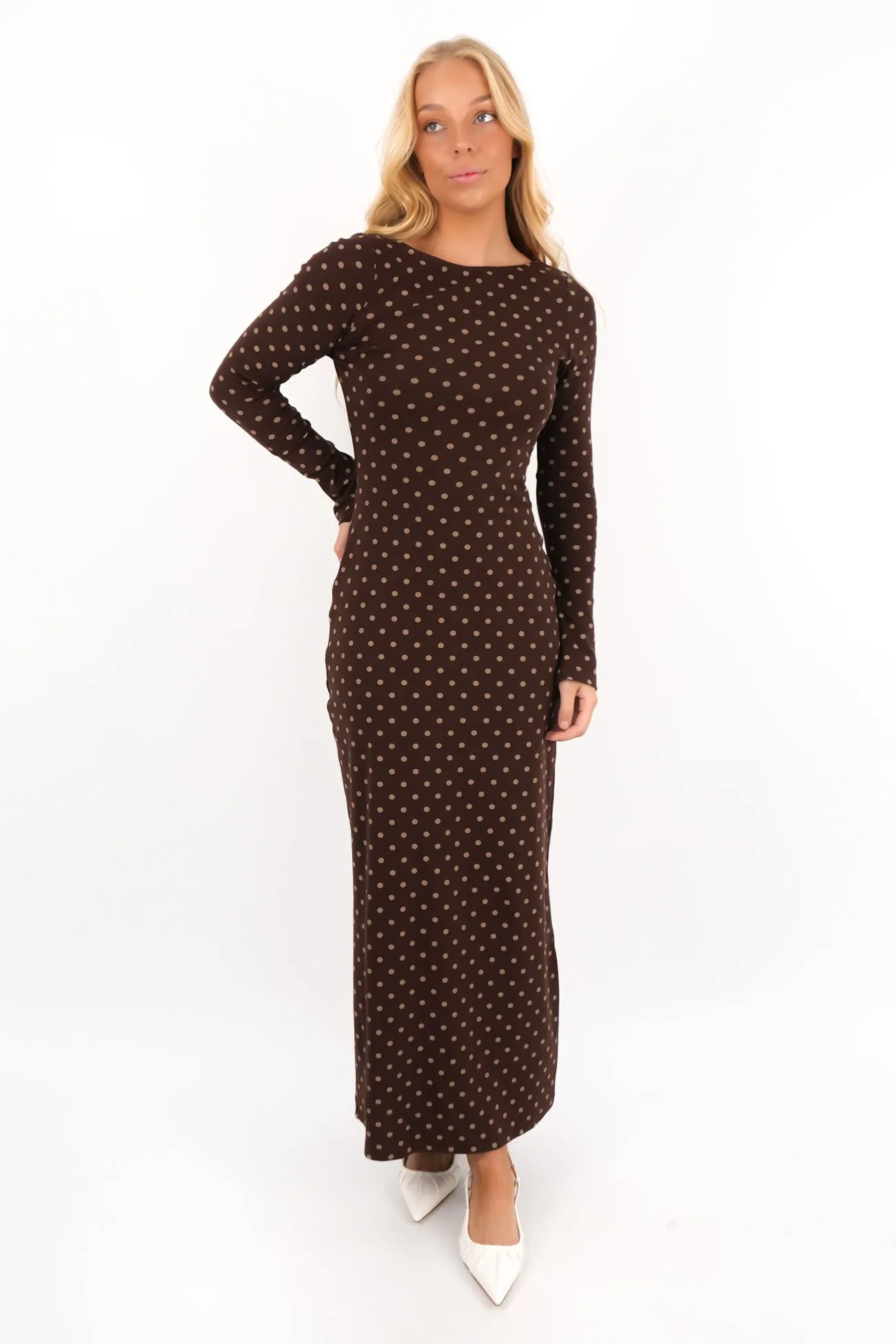 Glossy Fabric Panna Maxi Dress Brown Polkadot