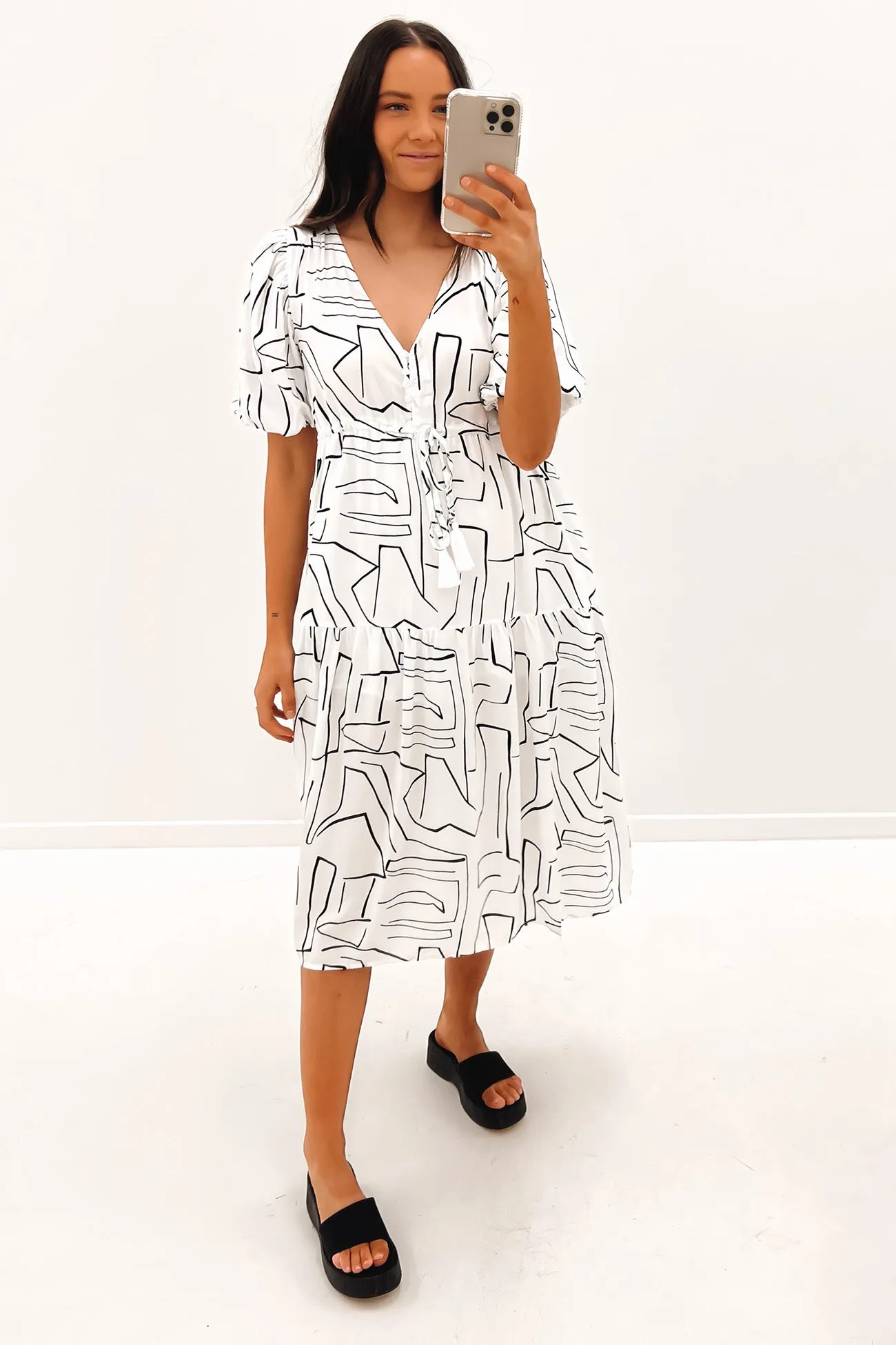Puff-Sleeve Dionne Midi Dress White