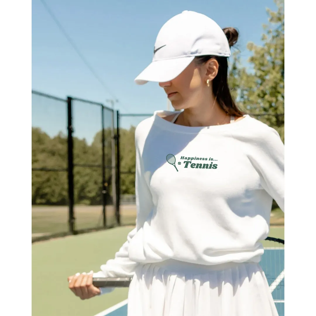 Comfortable to wear Silky feel Happiness is... Women's Tennis Racquet Crew Sweatshirt - White Comfortable Straps
