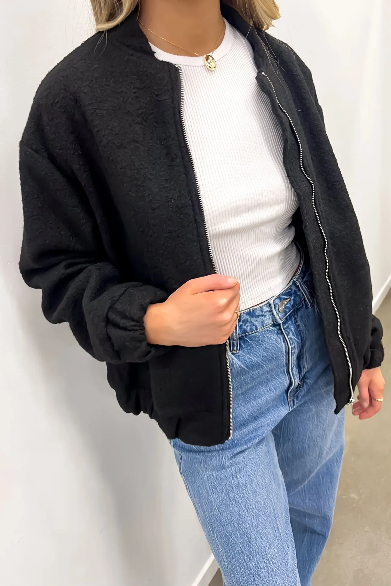 Hayley Bomber Black High Neck Laser Cut Vents