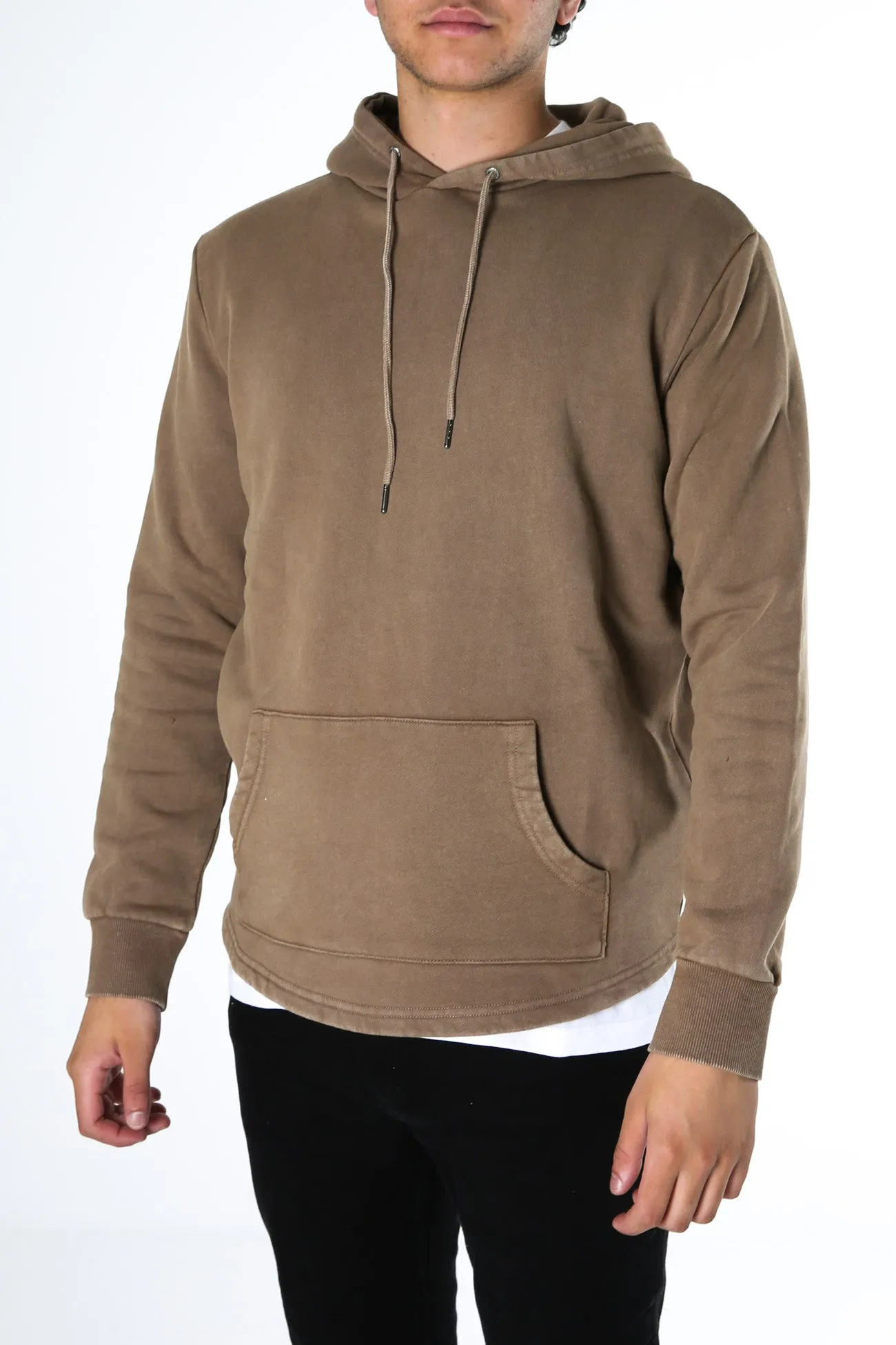 Curved Hem Hoody Brown Lightweight Comfort Wrinkle Free Fabric