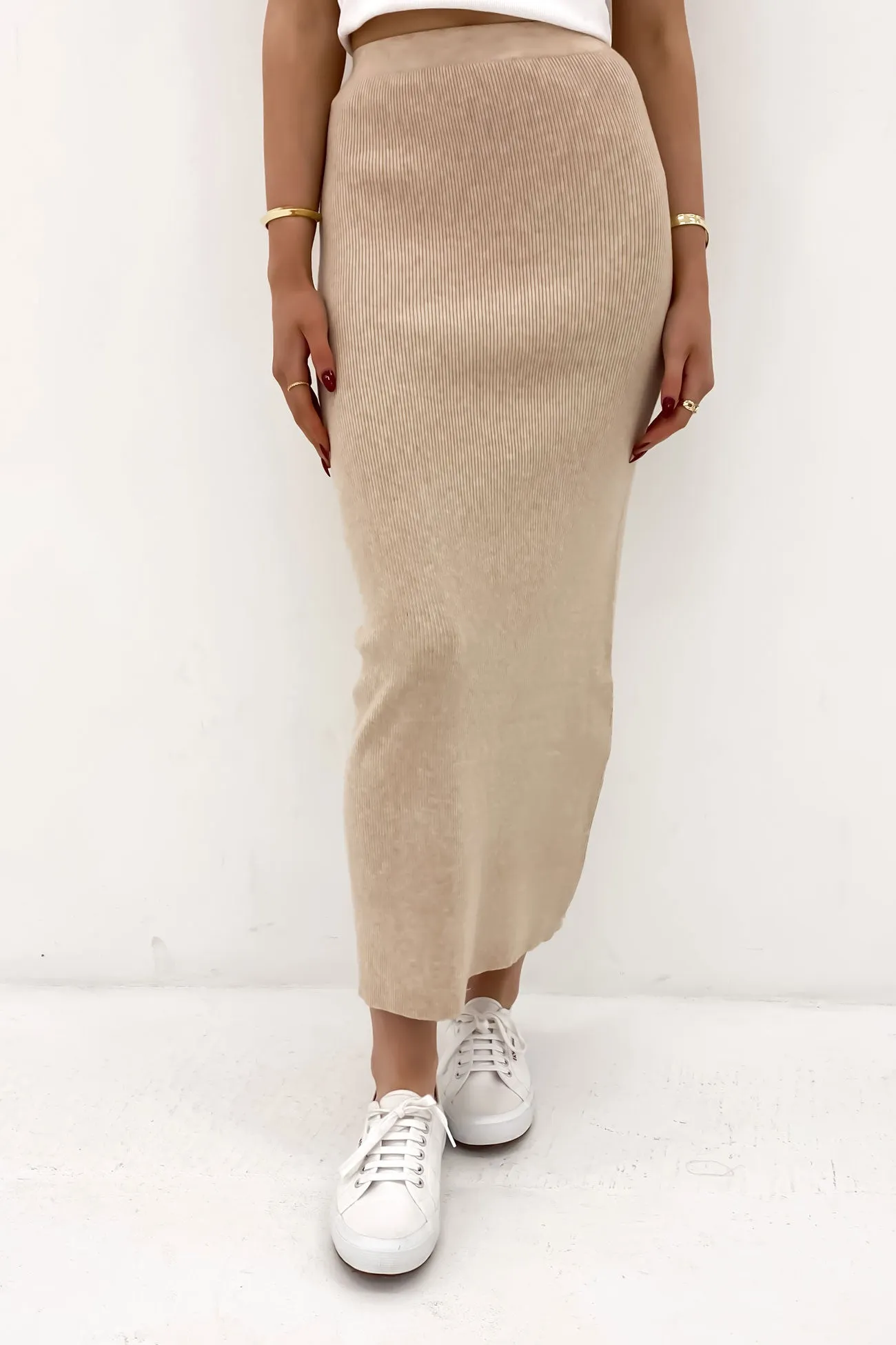 Stretchable Waist Dance Practice Henley Knit Skirt Oatmeal