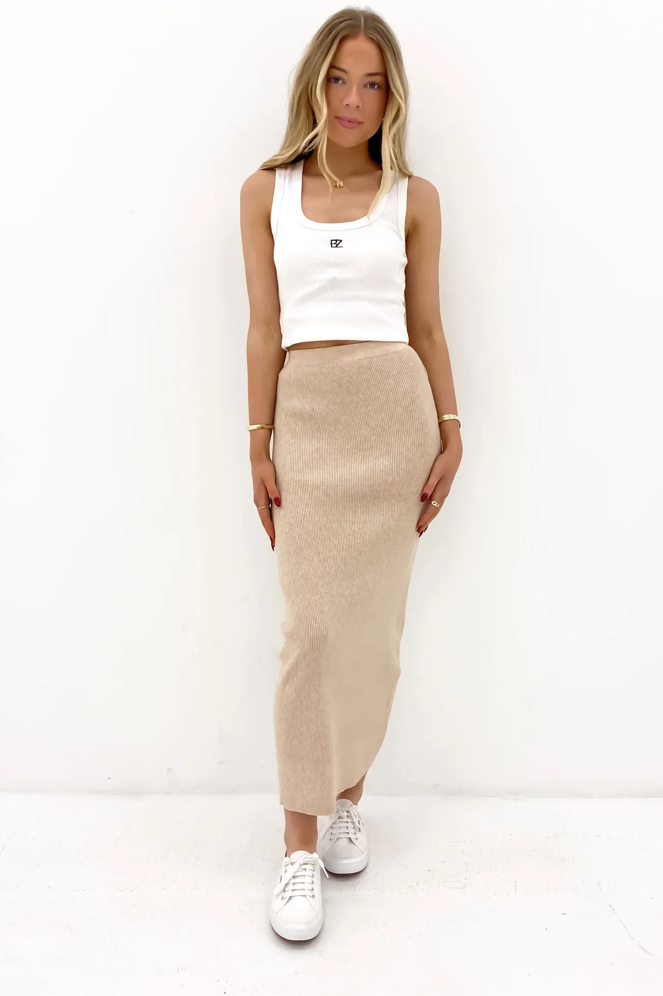 Henley Knit Skirt Oatmeal Asymmetrical Cut