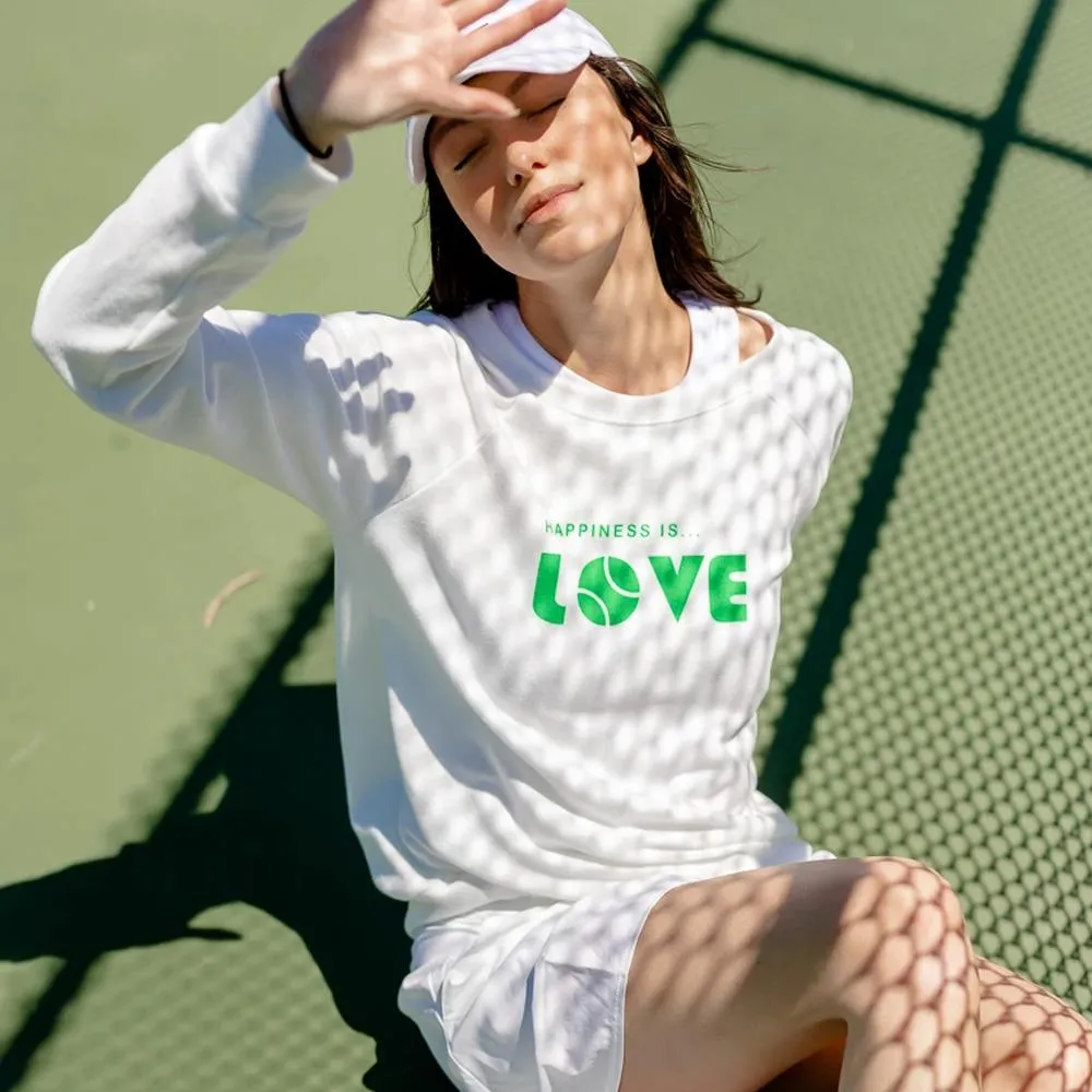 Mixed Media Hooded High Color Fastness Happiness is... Women's Tennis Love Sweatshirt - White/Green