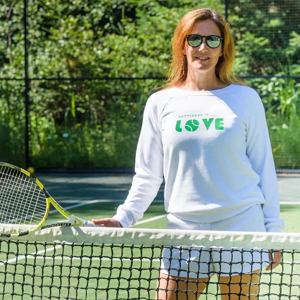 High Color Fastness Happiness is... Women's Tennis Love Sweatshirt - White/Green ironable Hidden Pocket