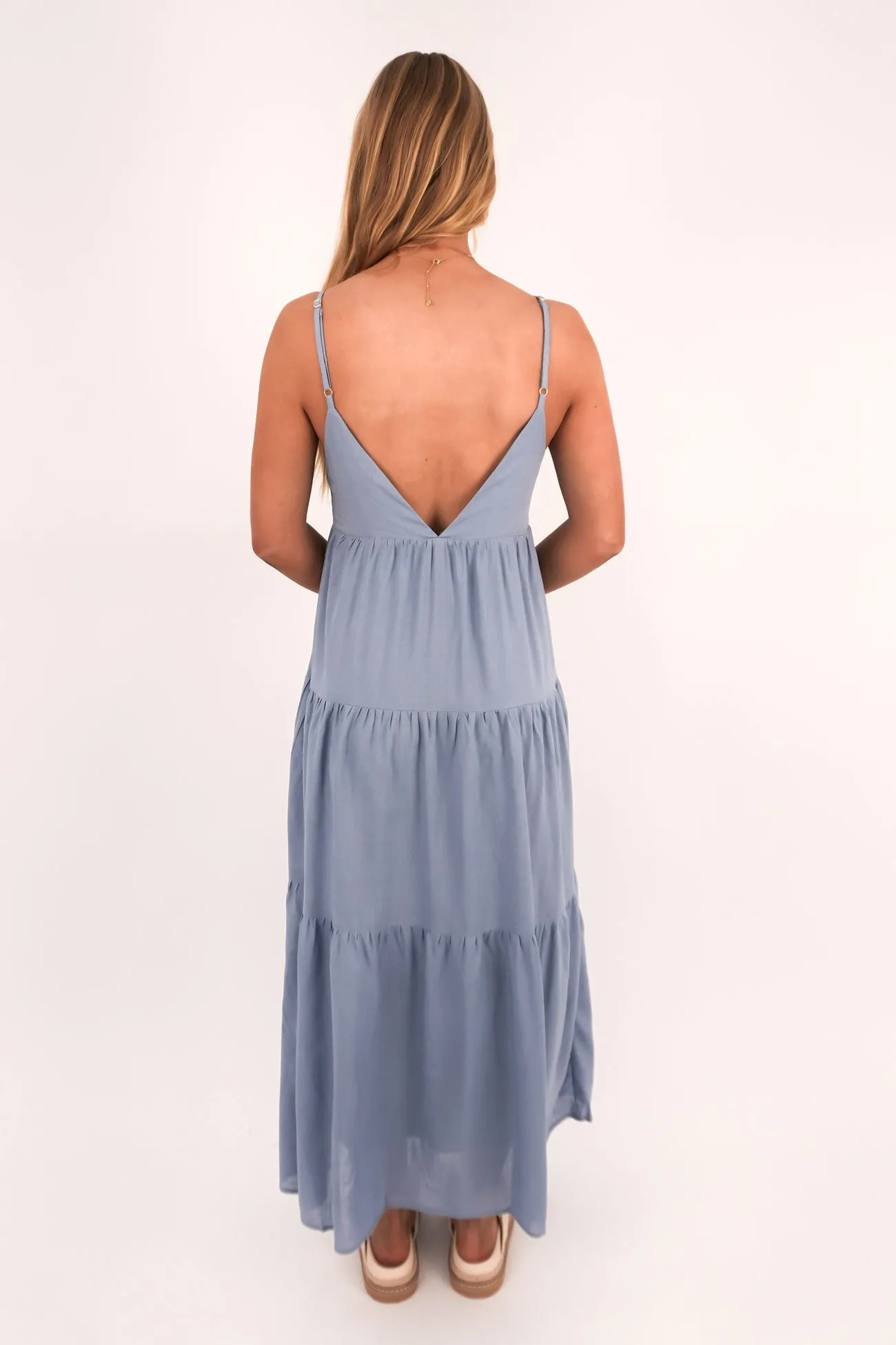 Feminine Cut Bride Friend Classic Tiered Midi Dress Steel Blue