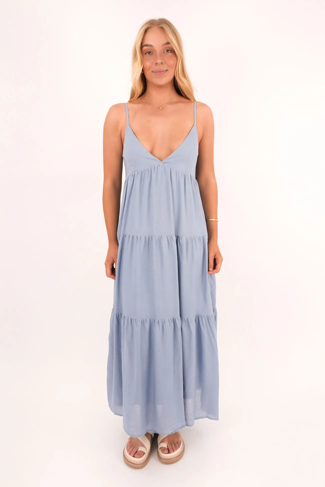 Classic Tiered Midi Dress Steel Blue Square Neck Pure Motion