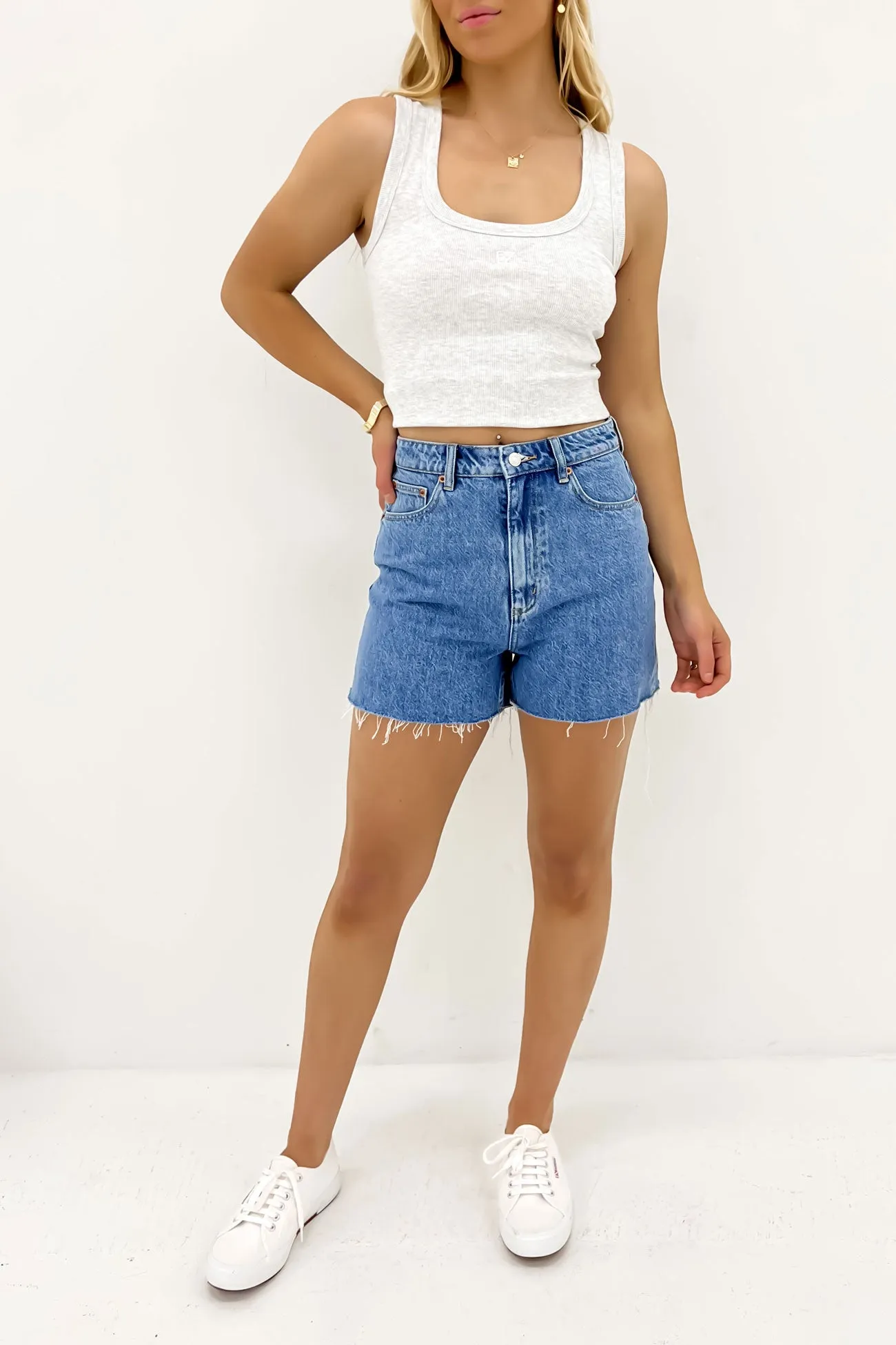 High Relaxed Short Bold Blue Durable Weave Fabric Trendy Comfort