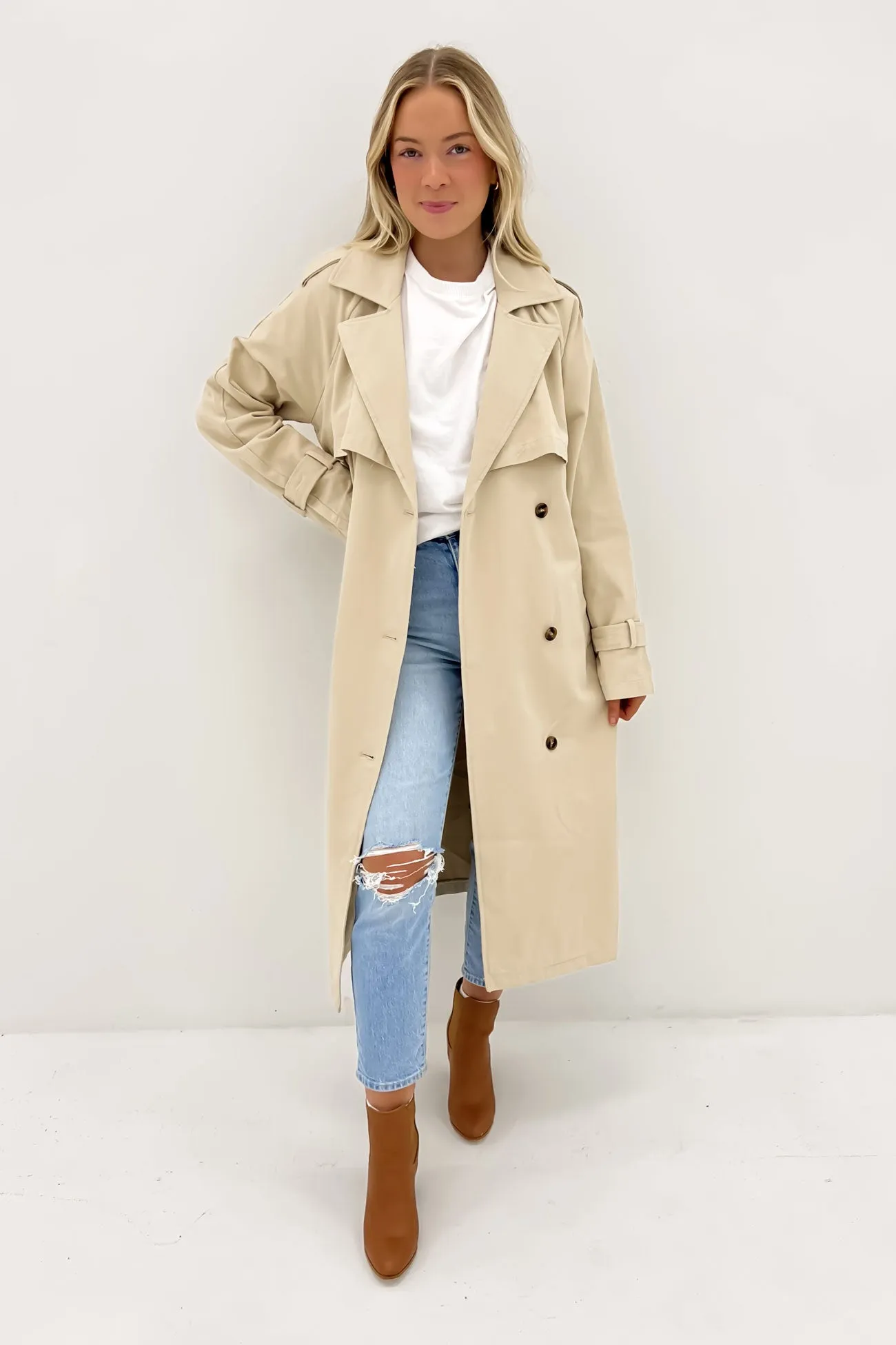 Durable Corrosion Resistant Zippers Lightweight Polyester Blend Eve Trench Coat Tan