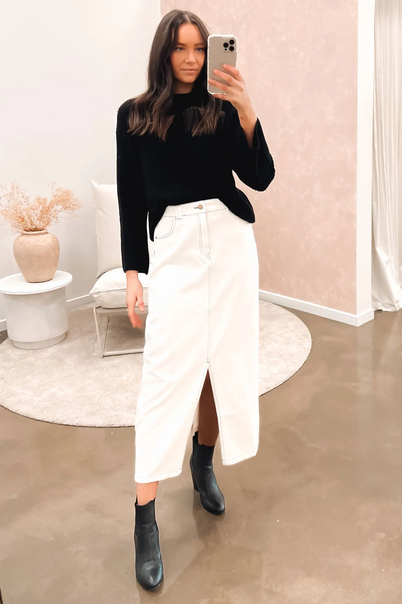 Indiana Denim Midi Skirt White Luxury Finish Modern Tones