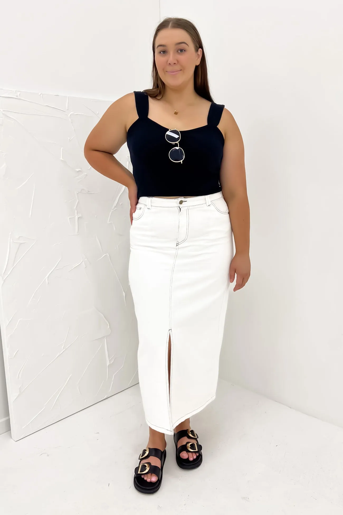 Indiana Denim Midi Skirt White Cozy Vibe