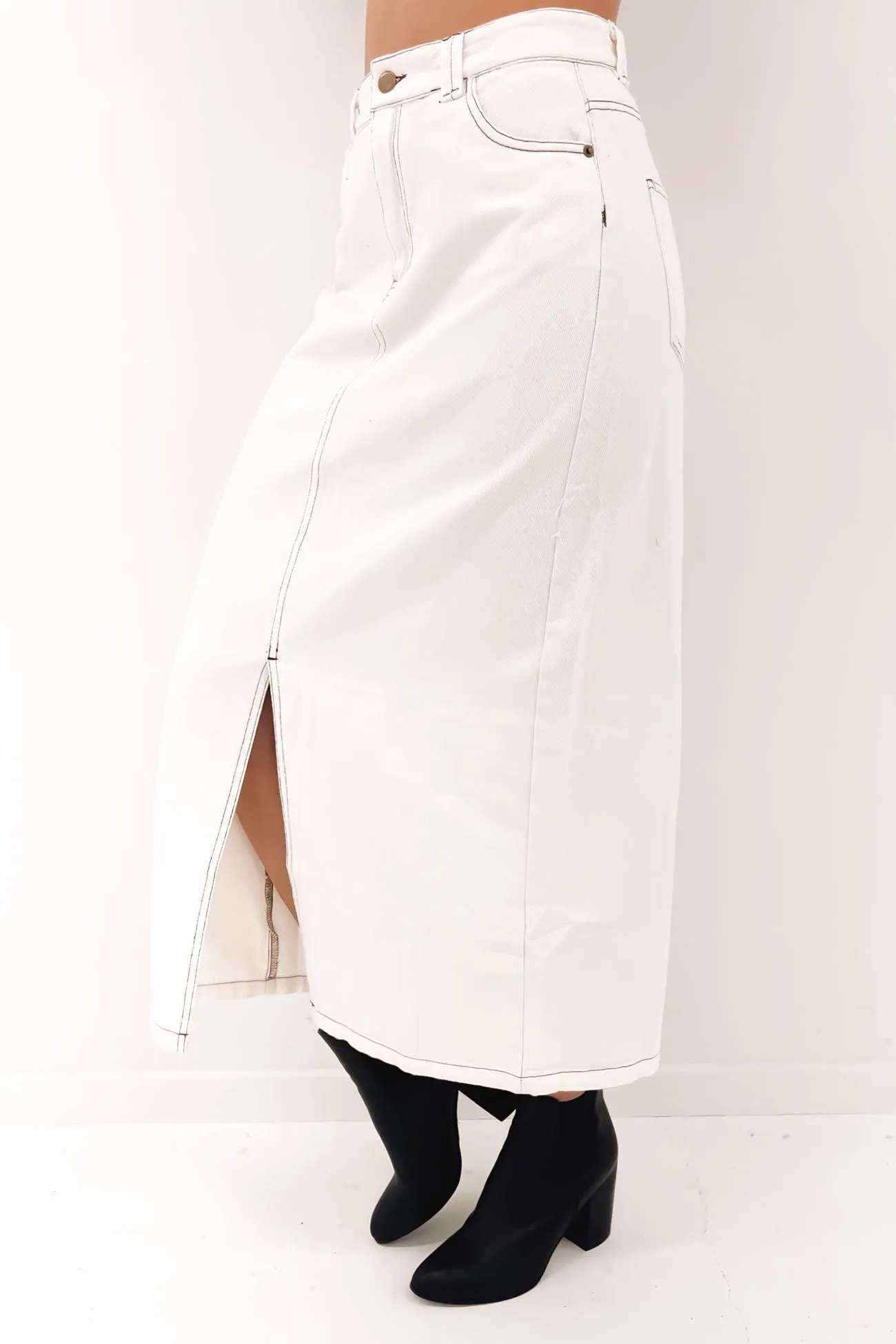 Creative Fashion Flexible Waistband Indiana Denim Midi Skirt White