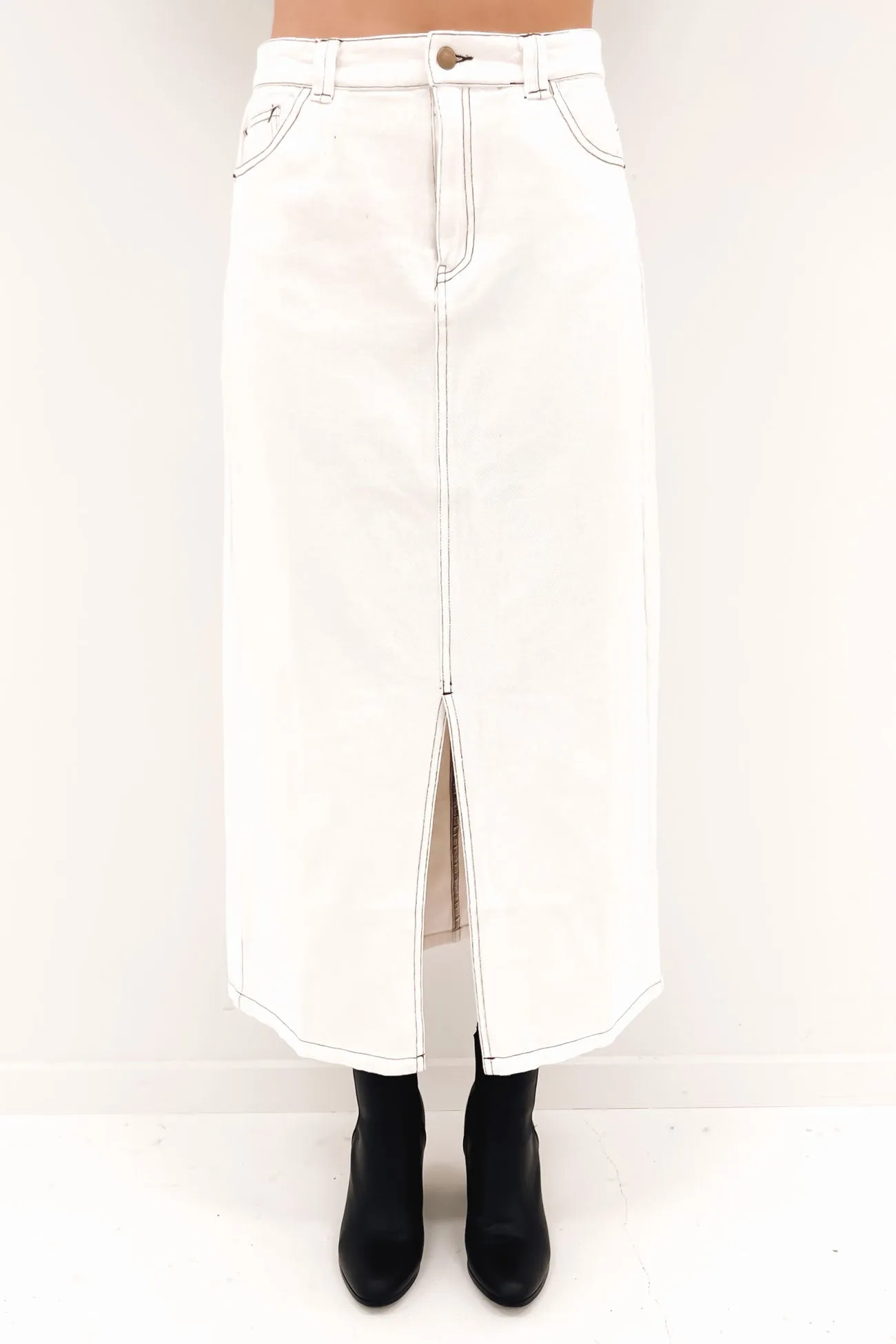 Easy Layer Shape Enhancing Indiana Denim Midi Skirt White