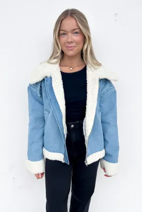 Double stitching Drop Tail Hem Izzy Denim Sherpa Jacket Blue