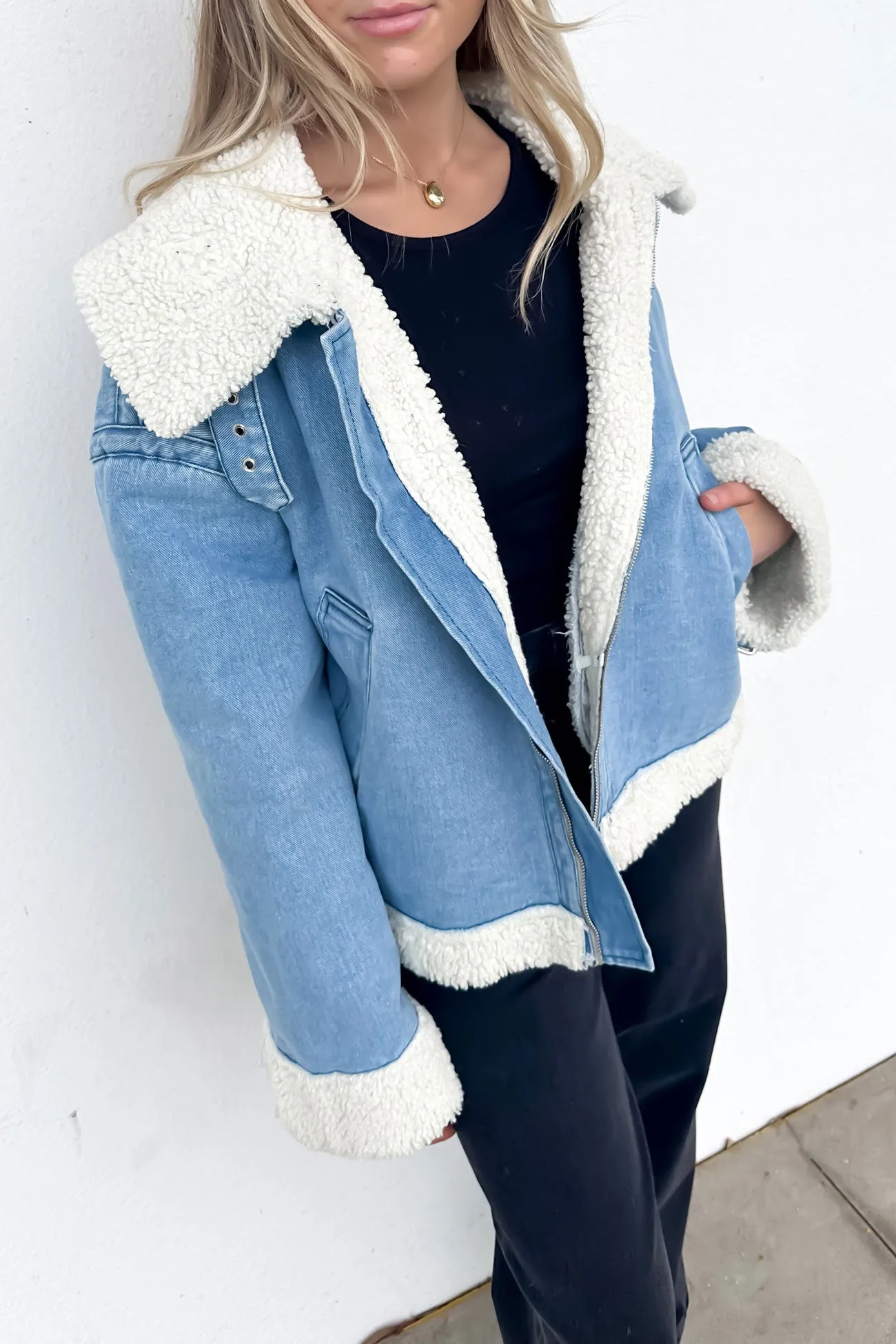 Izzy Denim Sherpa Jacket Blue Winter Fashion Weekend Ready Look