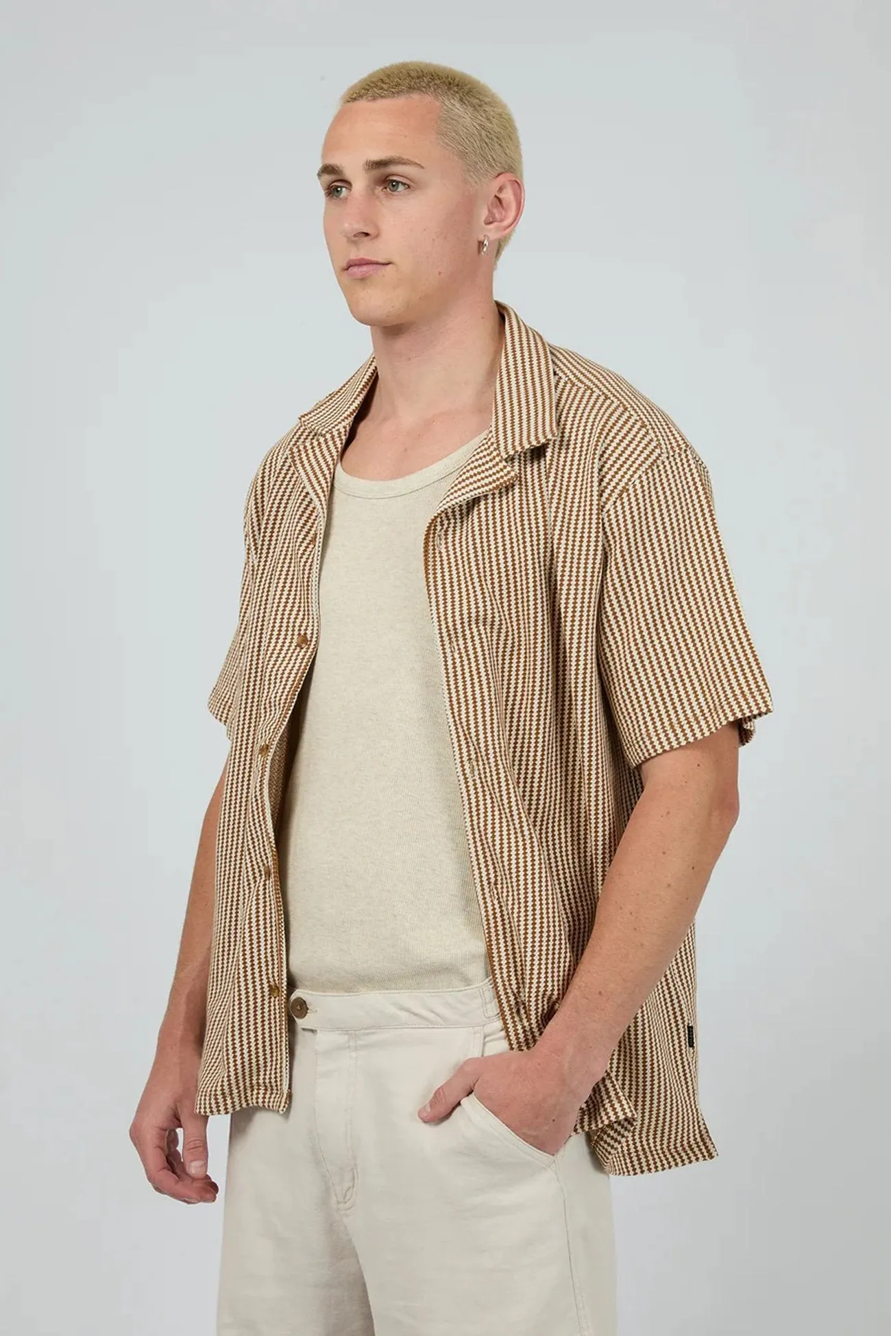 Jackson Short Sleeve Shirt Brown Double Needle Hemming Neutral Tone