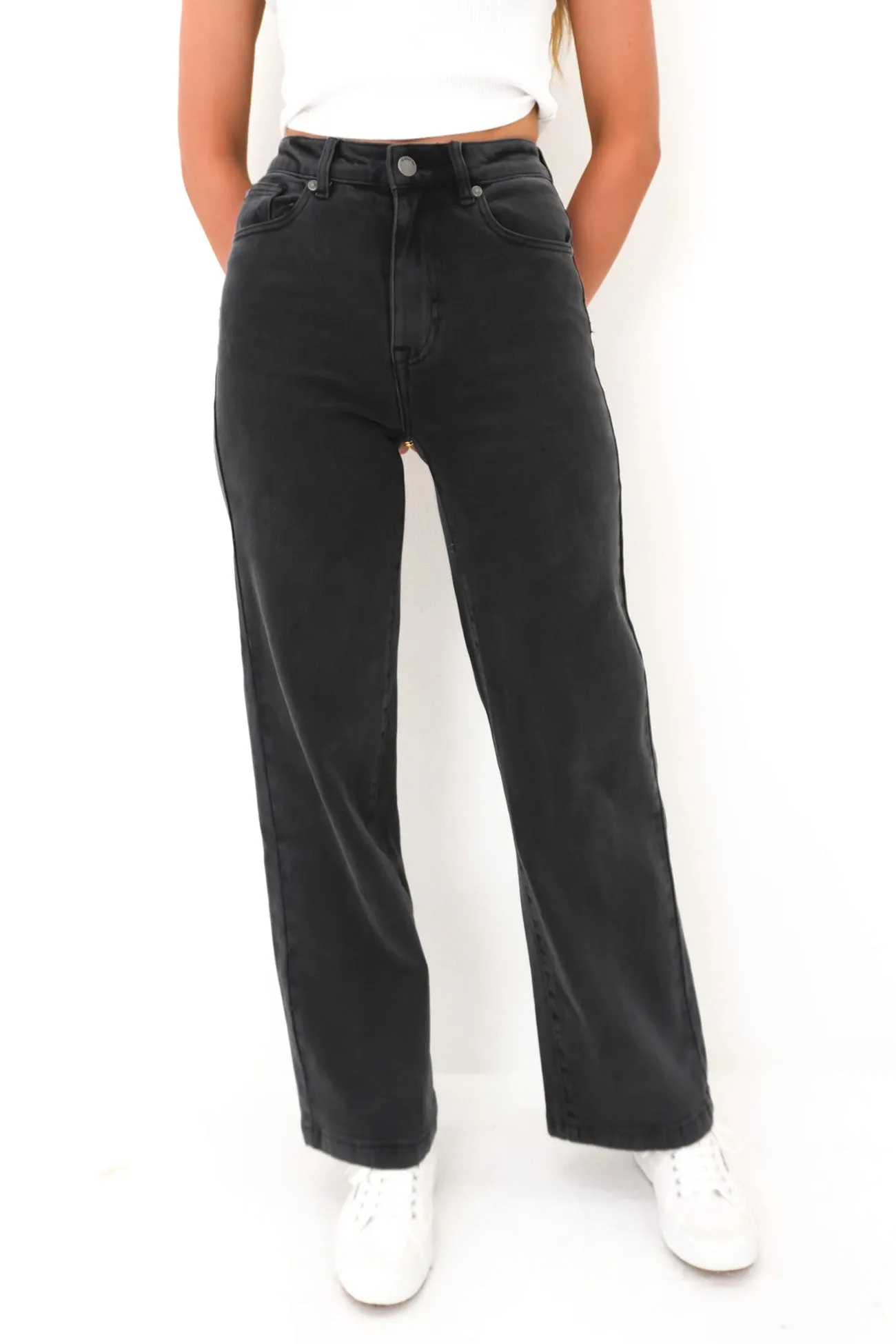 Jacqui Wide Leg Jean Washed Black Evening Stroll Comfy Lightwear Option