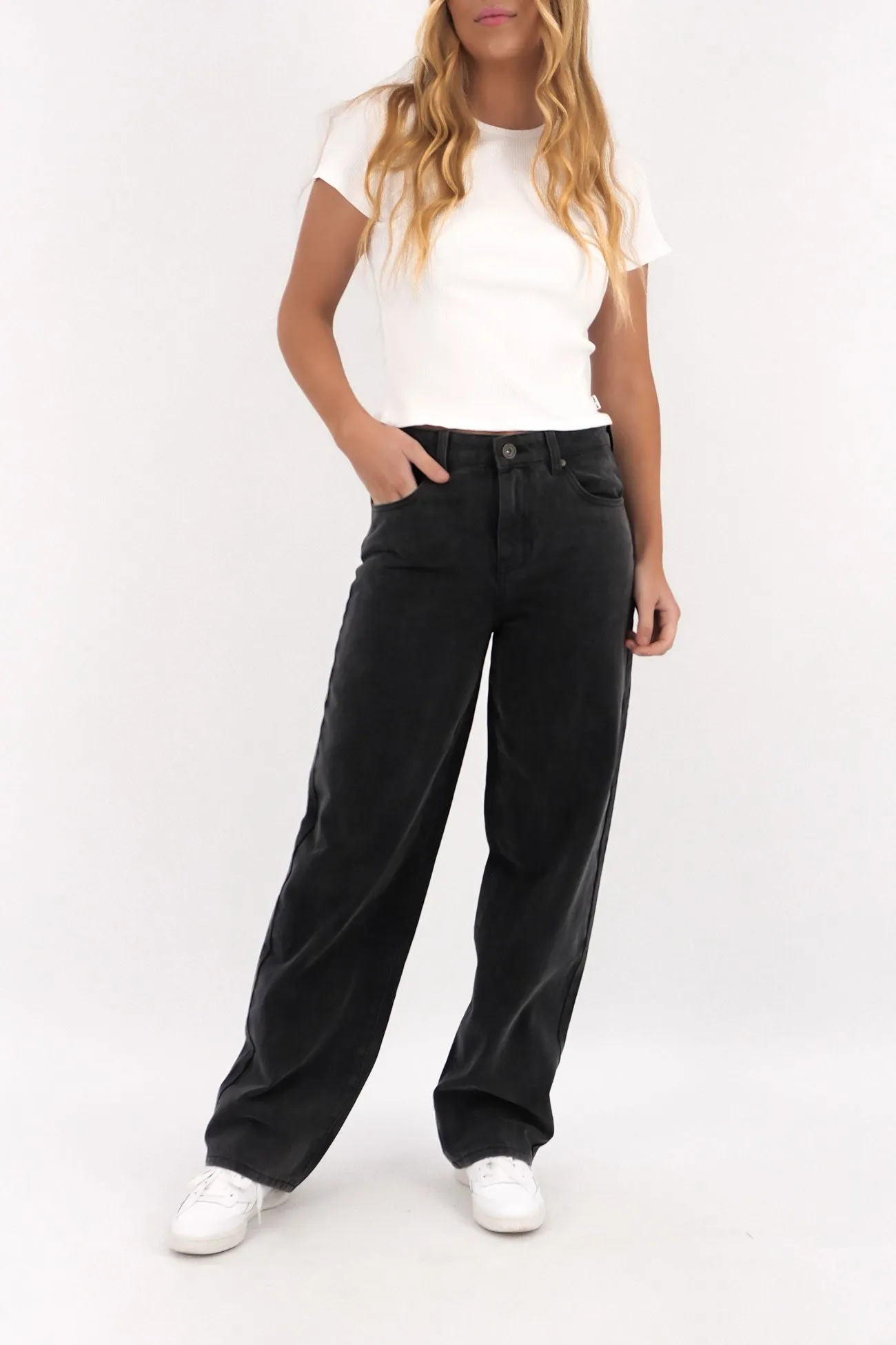 Basic Piece Travel Outfit Casual Stretch Jade Baggy Jean Washed Black