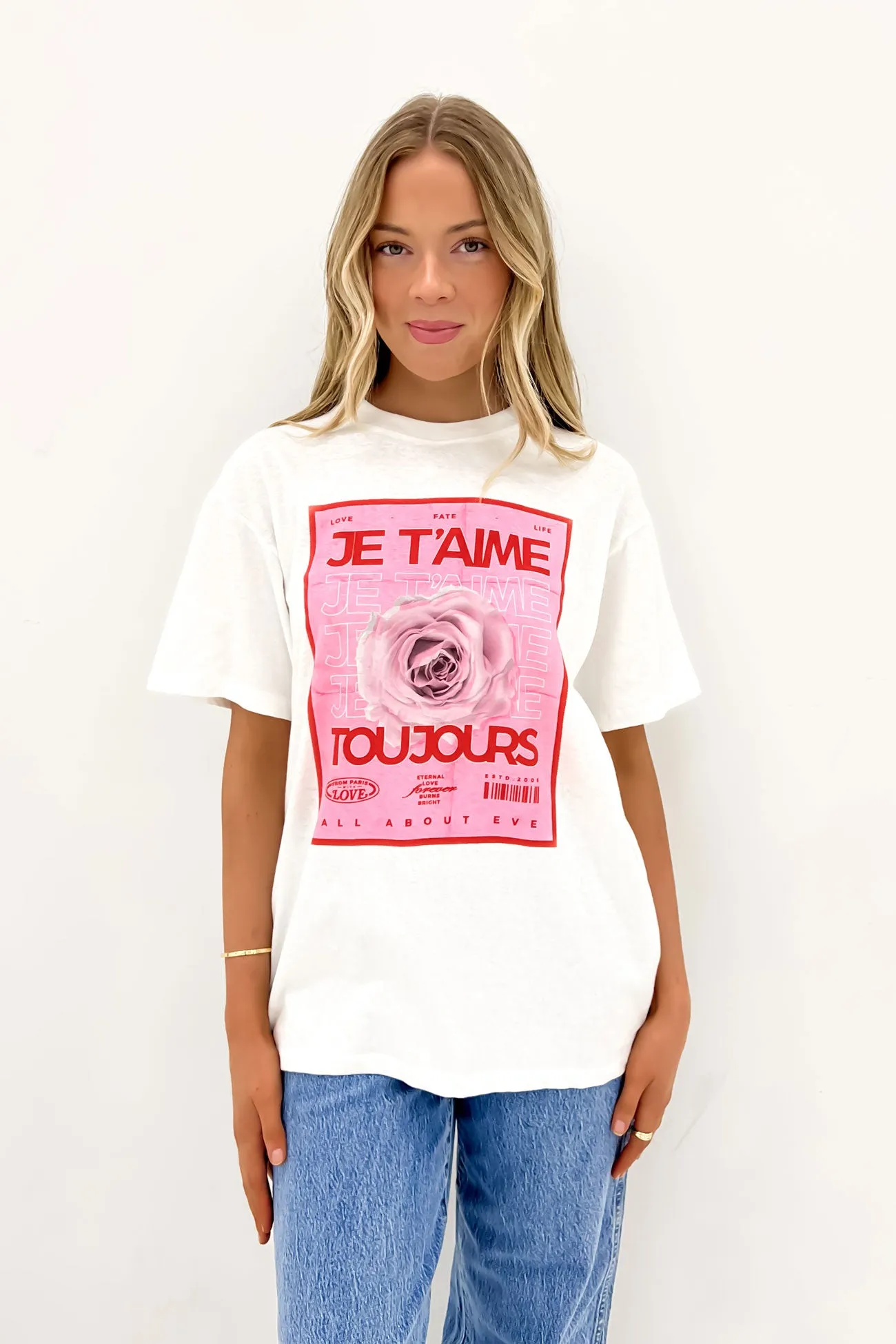 Comfy Choice Active Trend Look Je T'aime Oversized Tee Vintage White