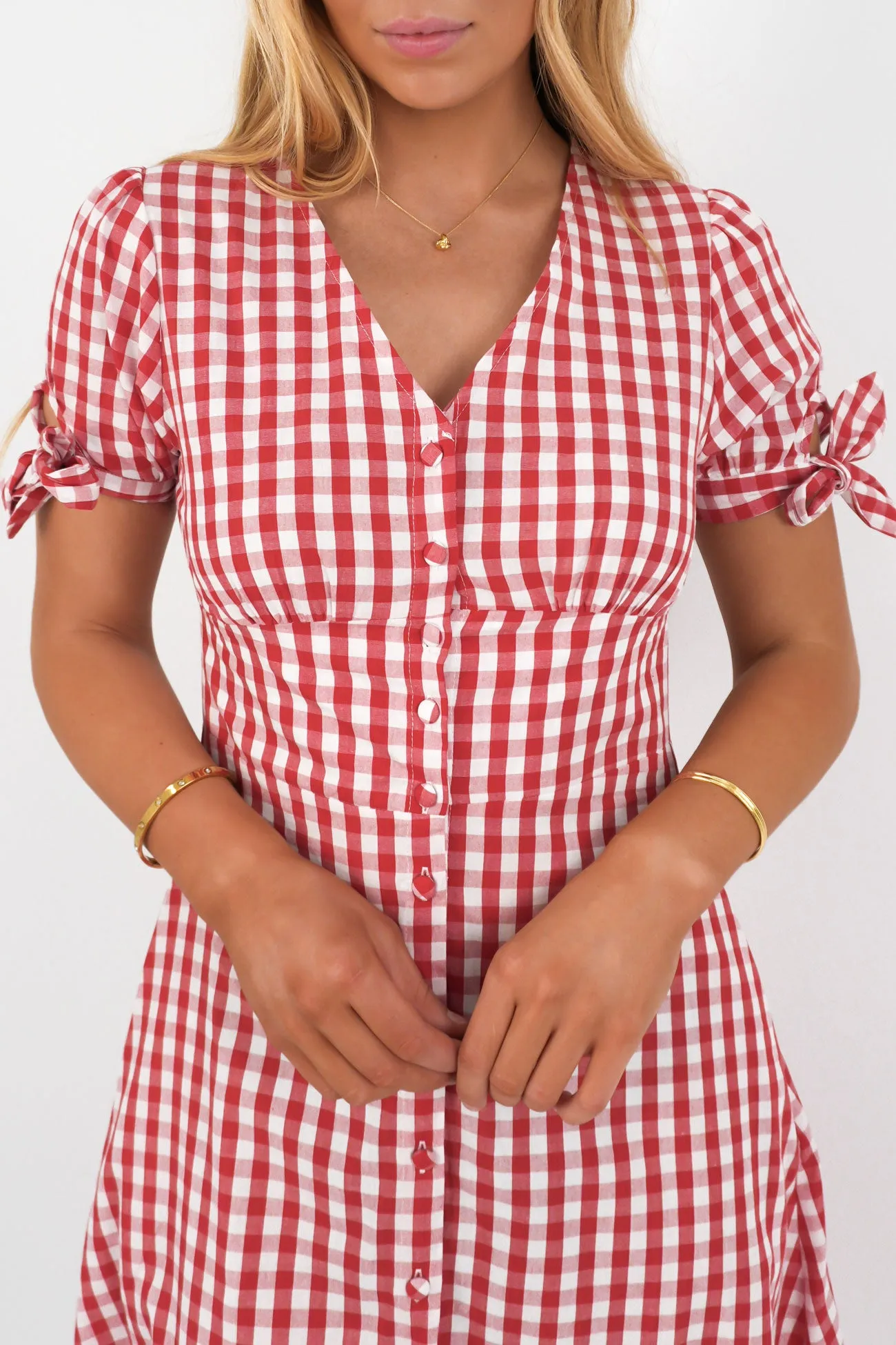 Jessa Midi Dress Red Gingham Flattering Look Fit Neutral Mood